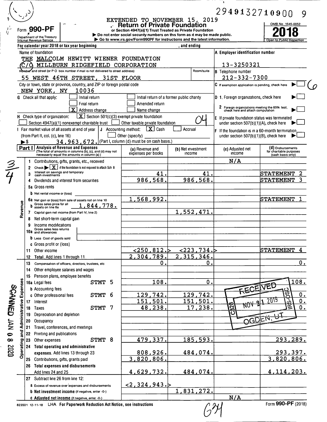 Image of first page of 2018 Form 990PF for The Malcolm Hewitt Wiener Foundation