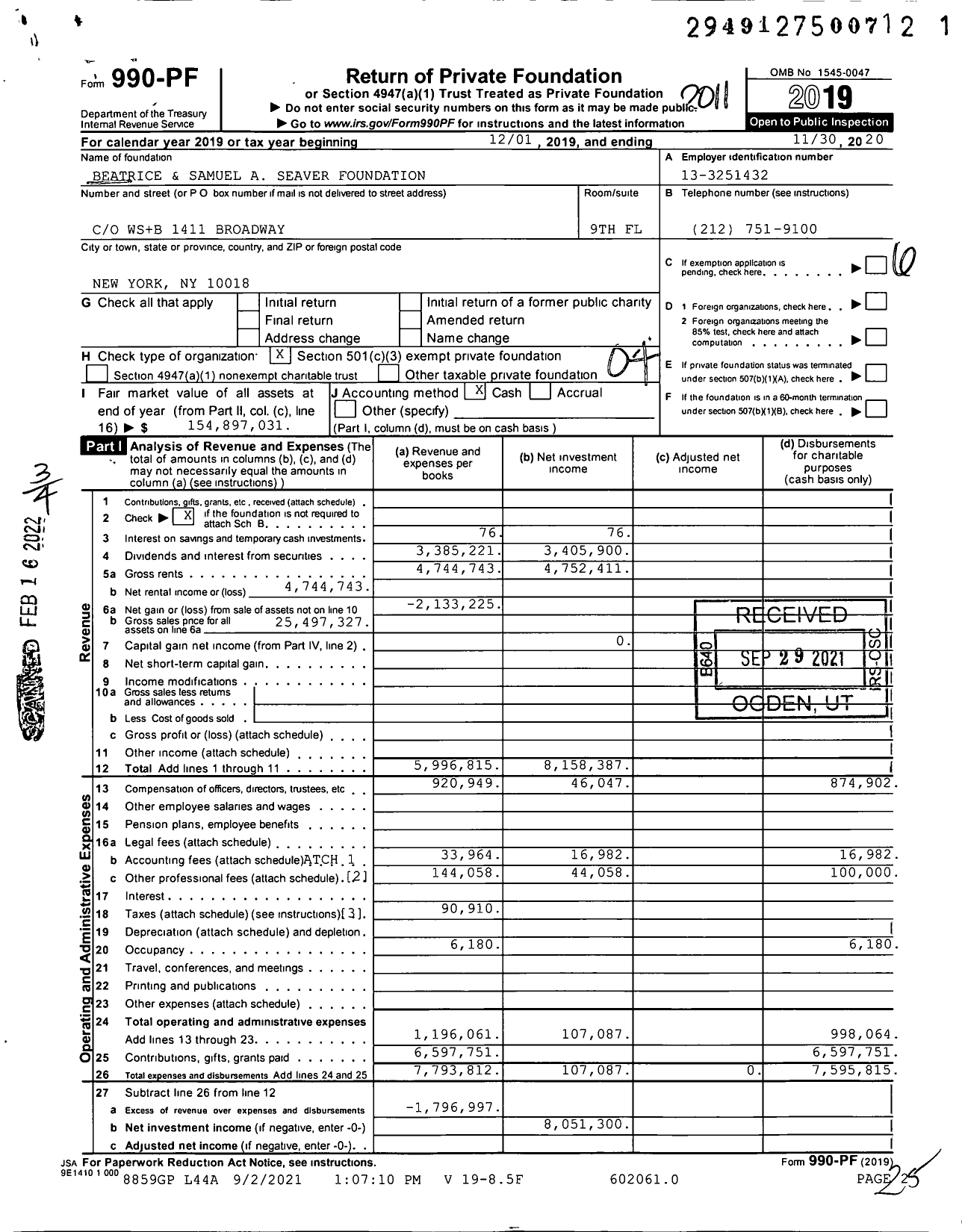 Image of first page of 2019 Form 990PF for Beatrice & Samuel A Seaver Foundation