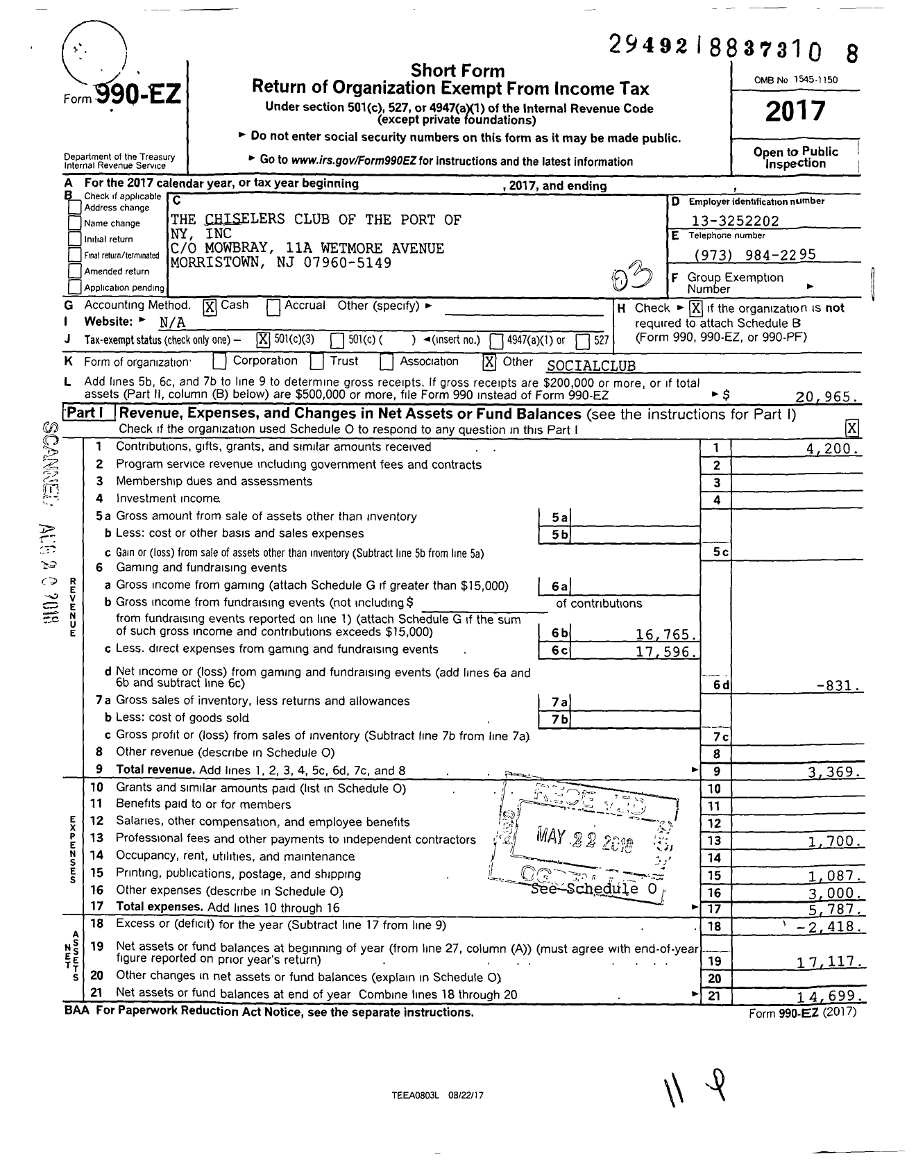 Image of first page of 2017 Form 990EZ for Chiselers Club of the Port of Ny