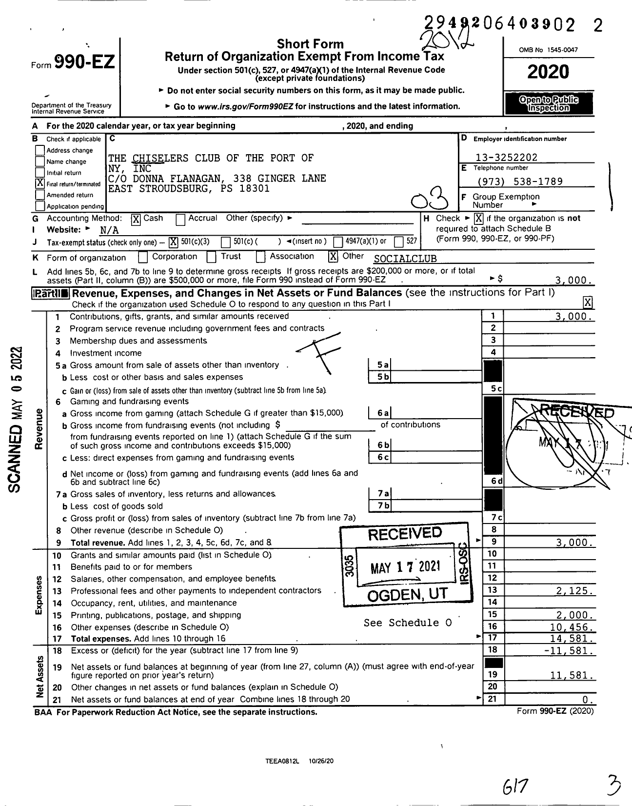 Image of first page of 2020 Form 990EZ for Chiselers Club of the Port of Ny