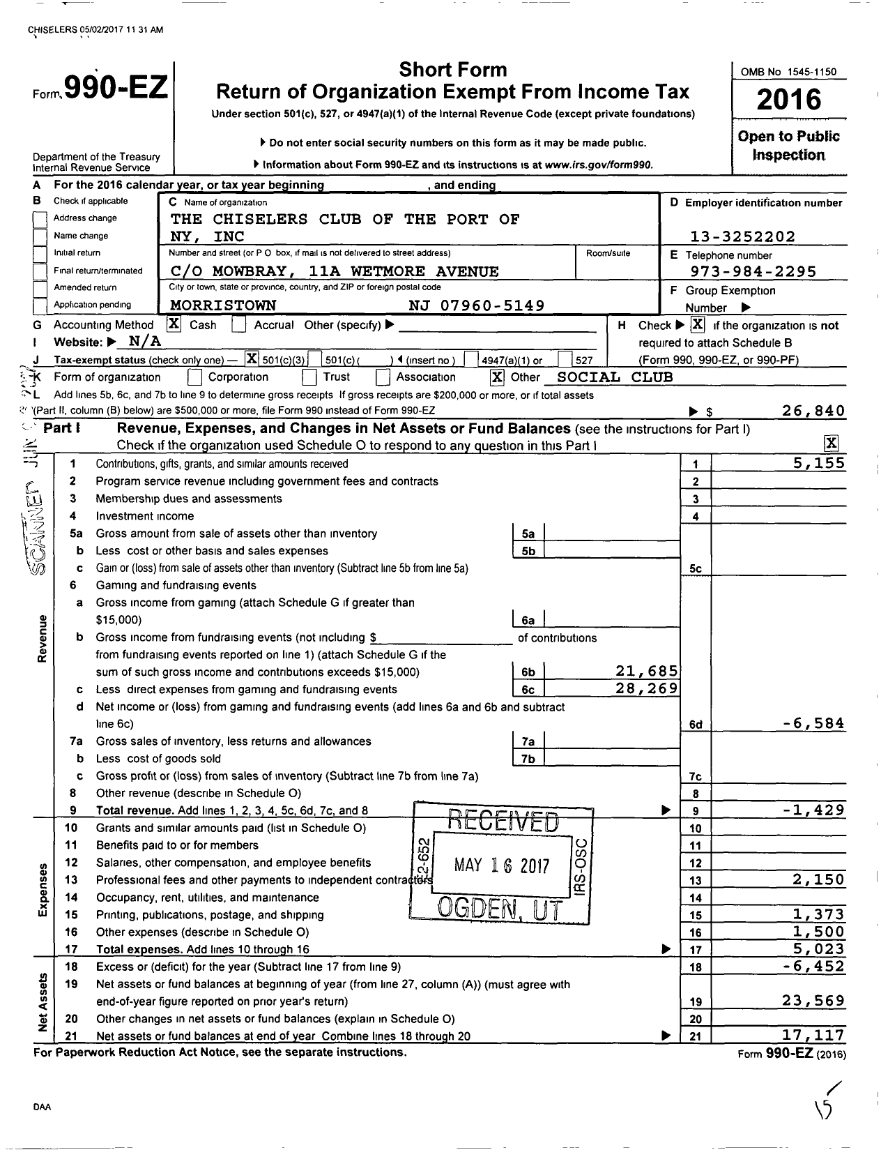 Image of first page of 2016 Form 990EZ for Chiselers Club of the Port of Ny