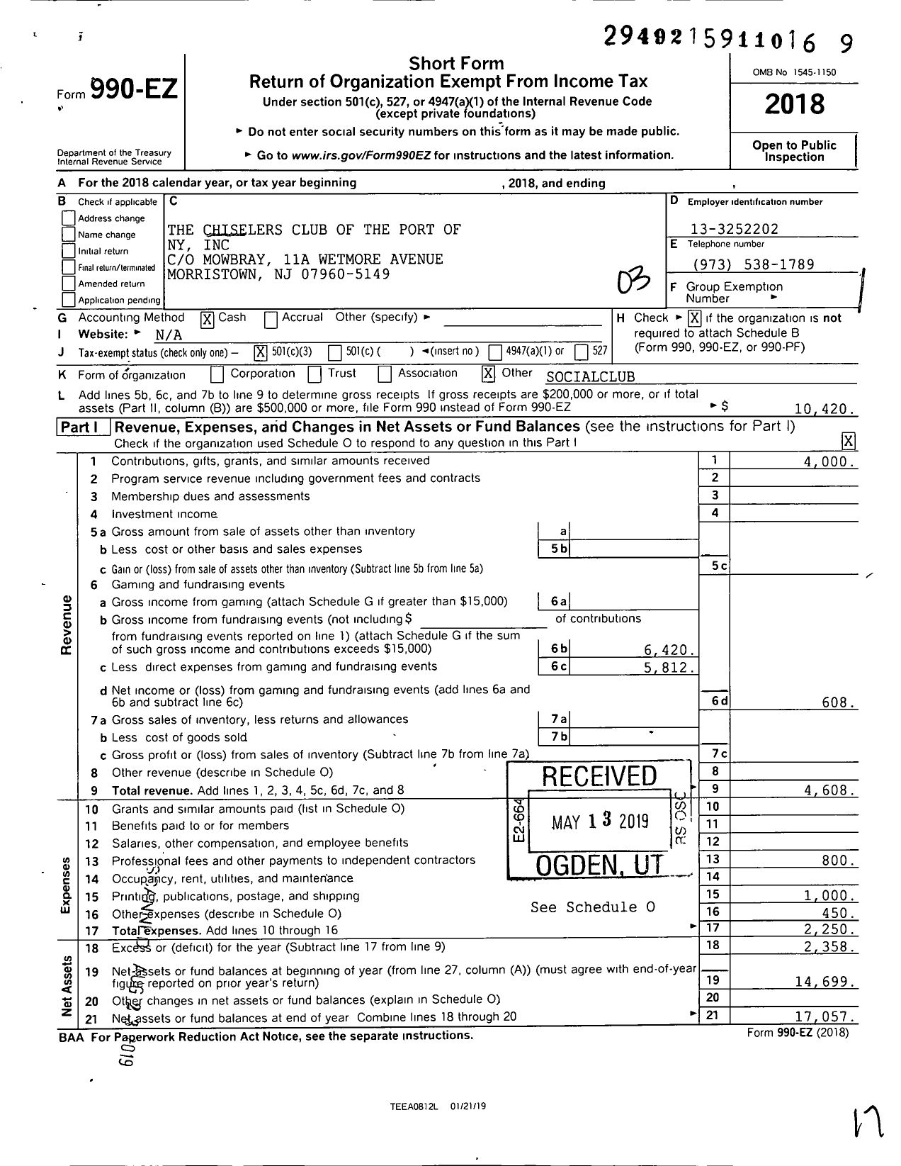 Image of first page of 2018 Form 990EZ for Chiselers Club of the Port of Ny