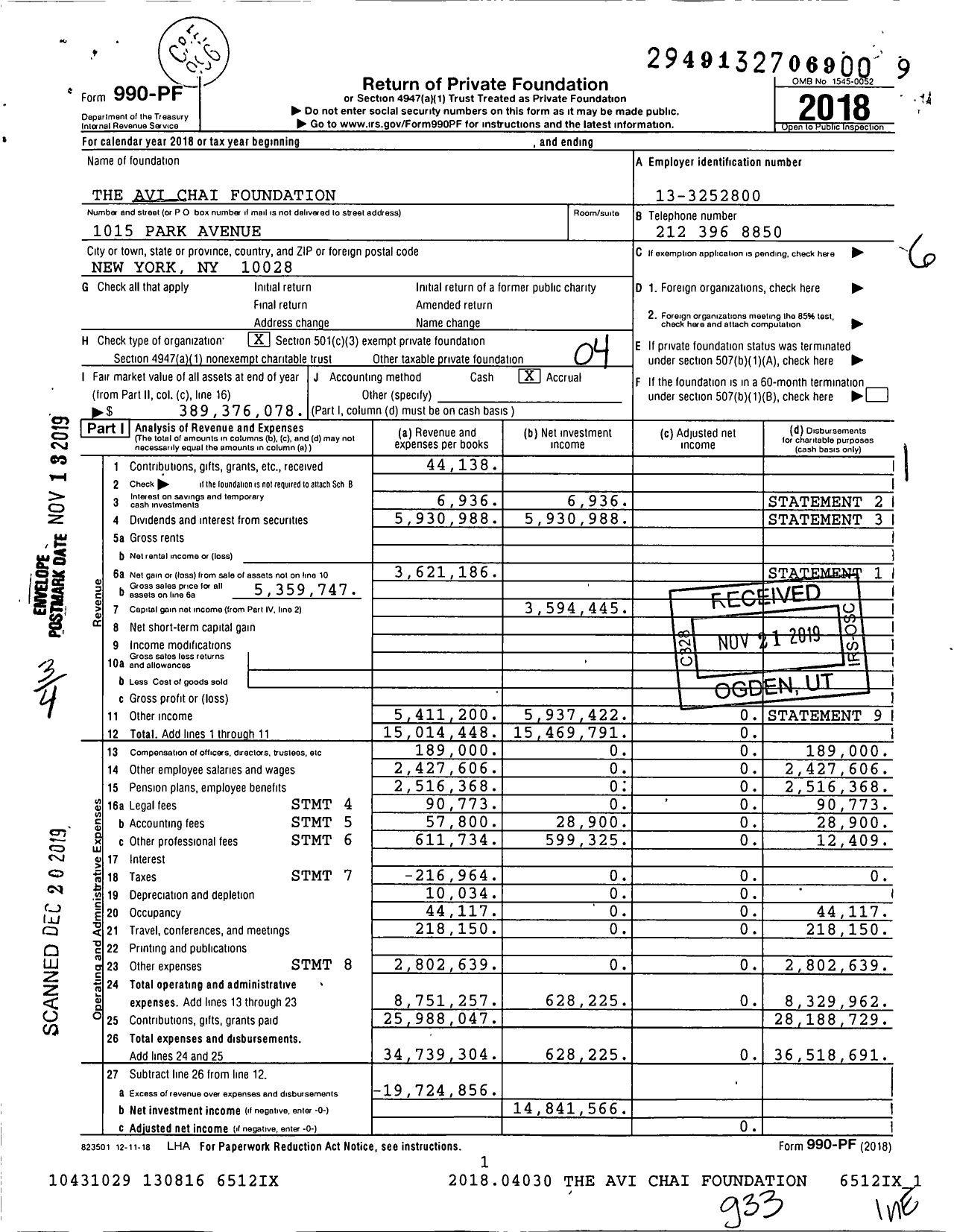 Image of first page of 2018 Form 990PF for Avi Chai Foundation