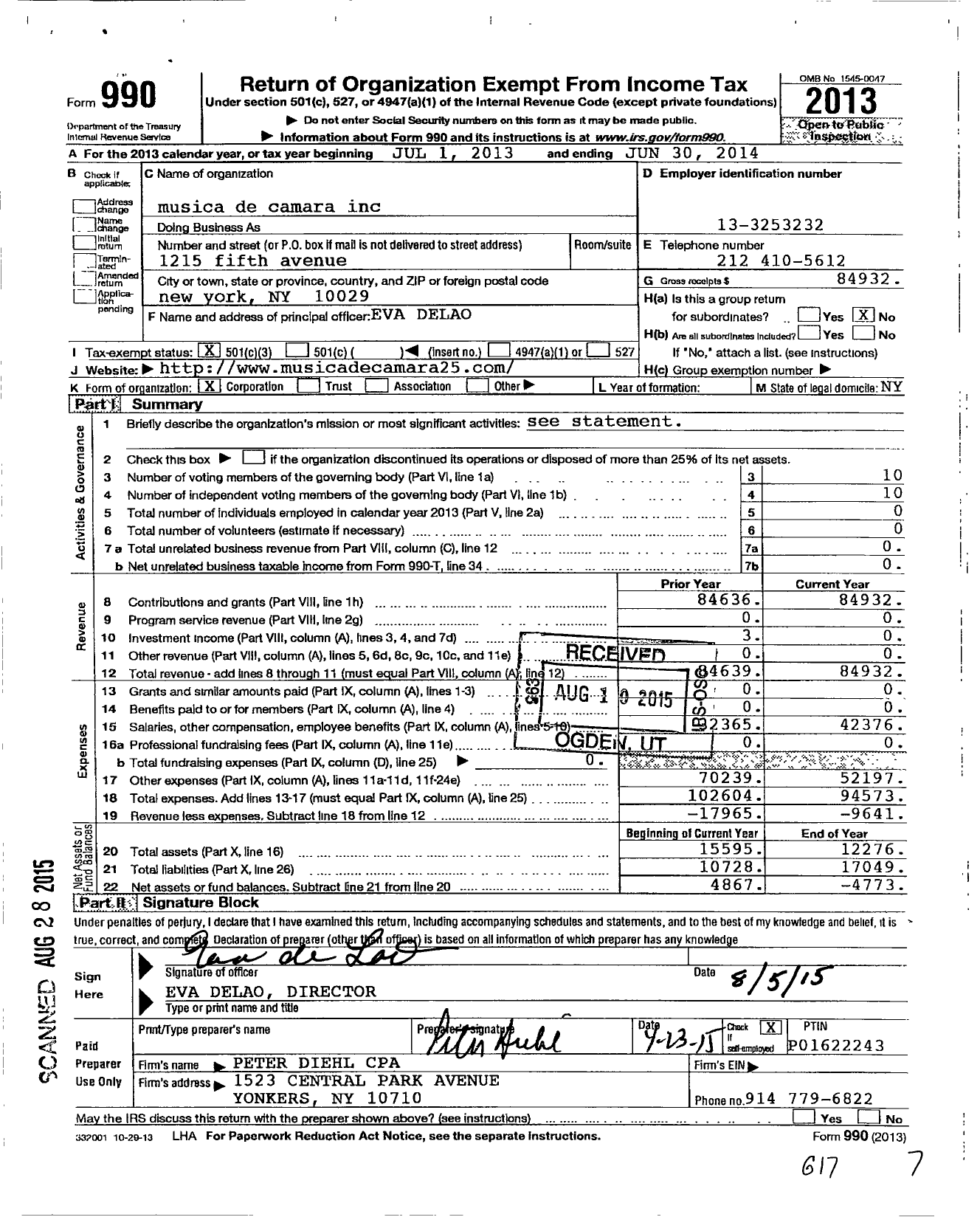 Image of first page of 2013 Form 990 for Musica de Camara