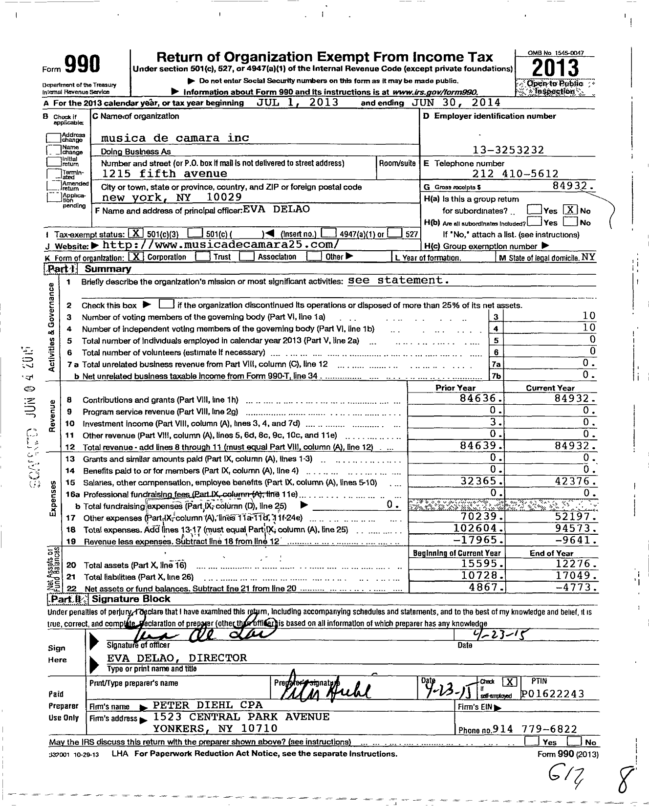 Image of first page of 2013 Form 990 for Musica de Camara