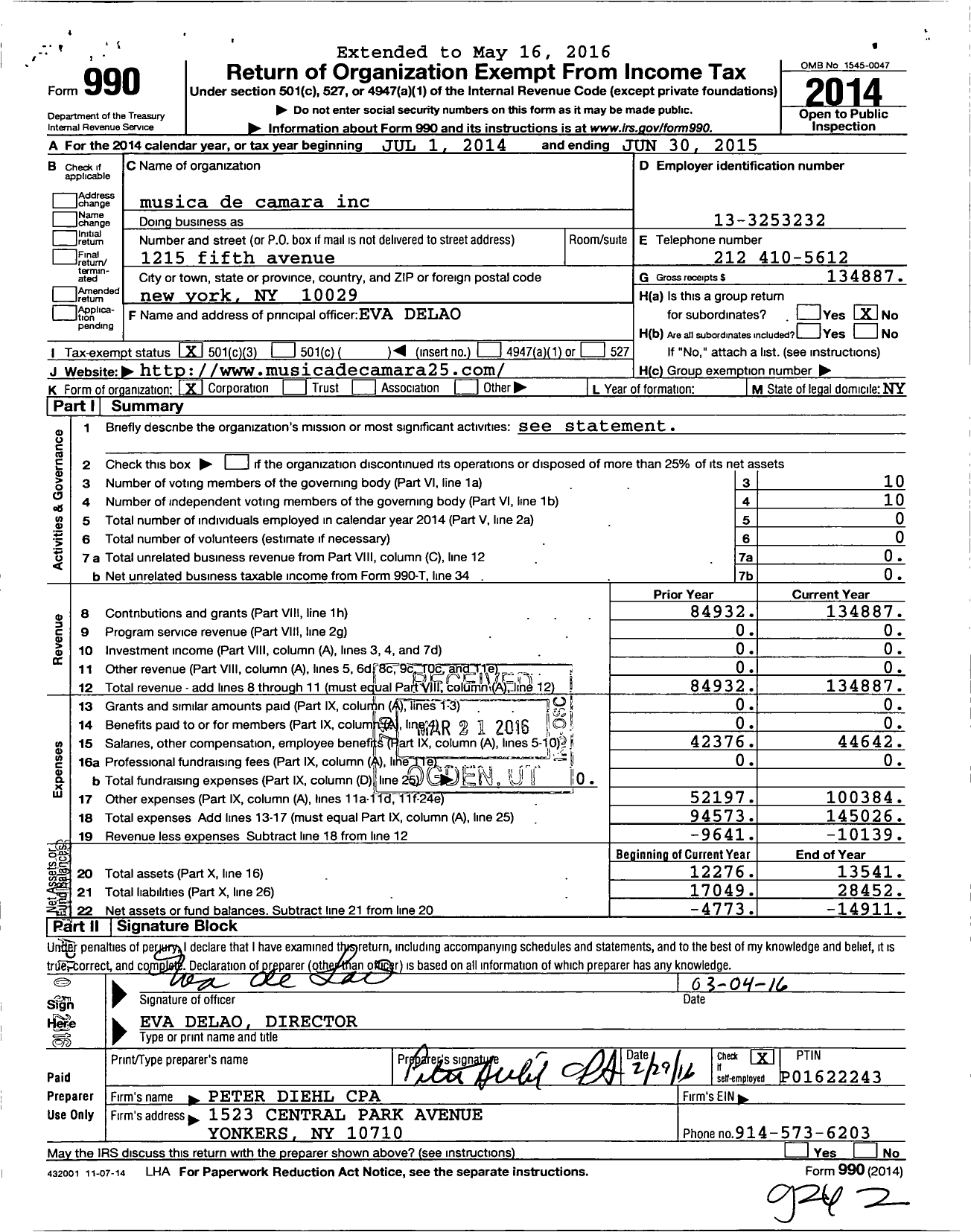 Image of first page of 2014 Form 990 for Musica de Camara