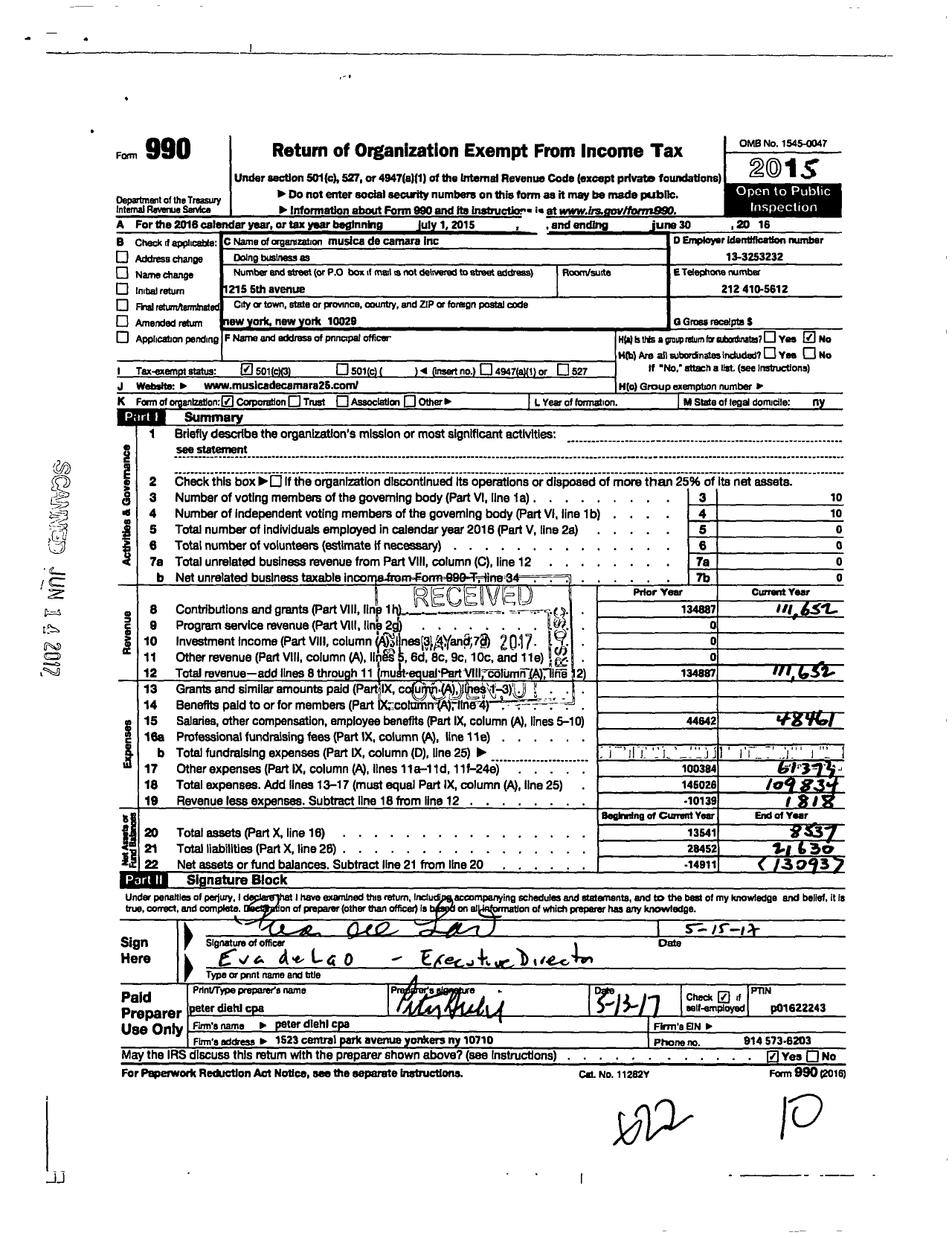 Image of first page of 2015 Form 990 for Musica de Camara