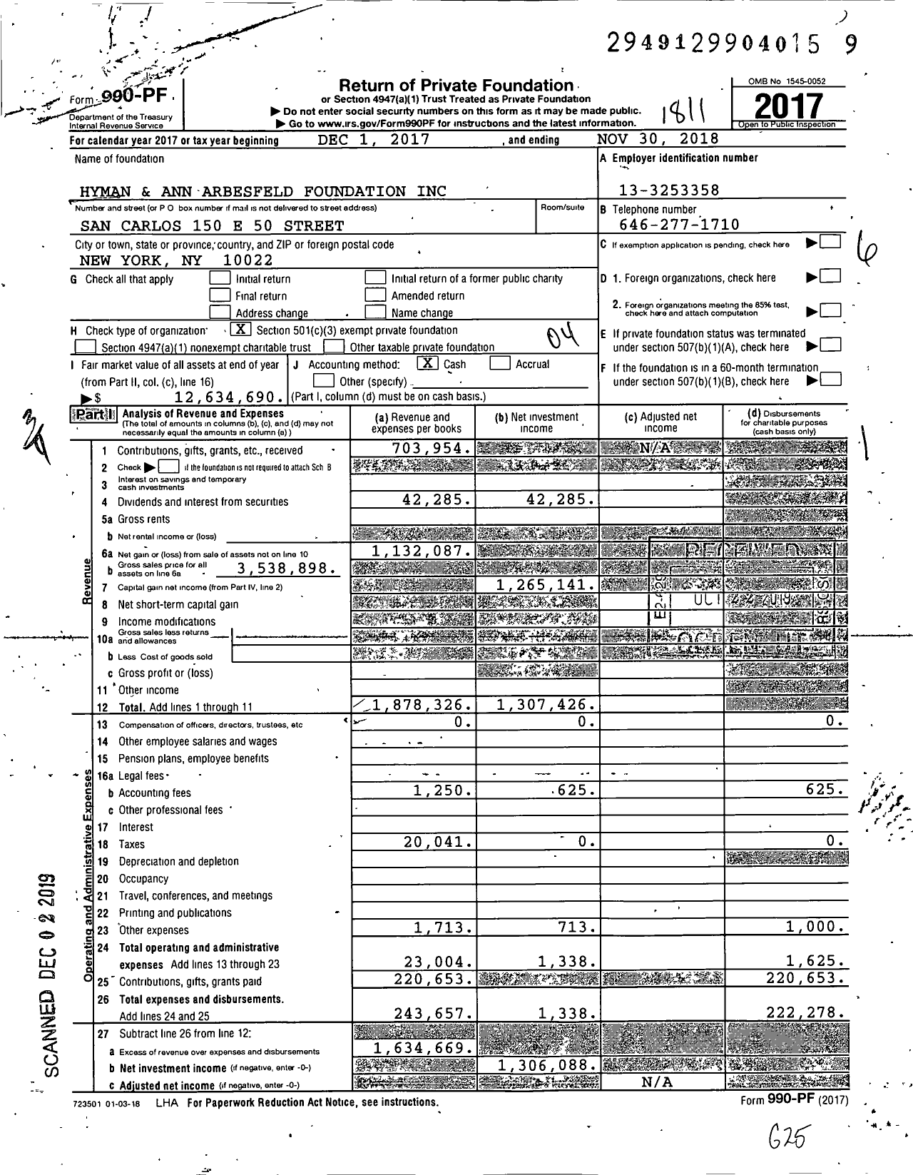 Image of first page of 2017 Form 990PF for Hyman and Ann Arbesfeld Foundation