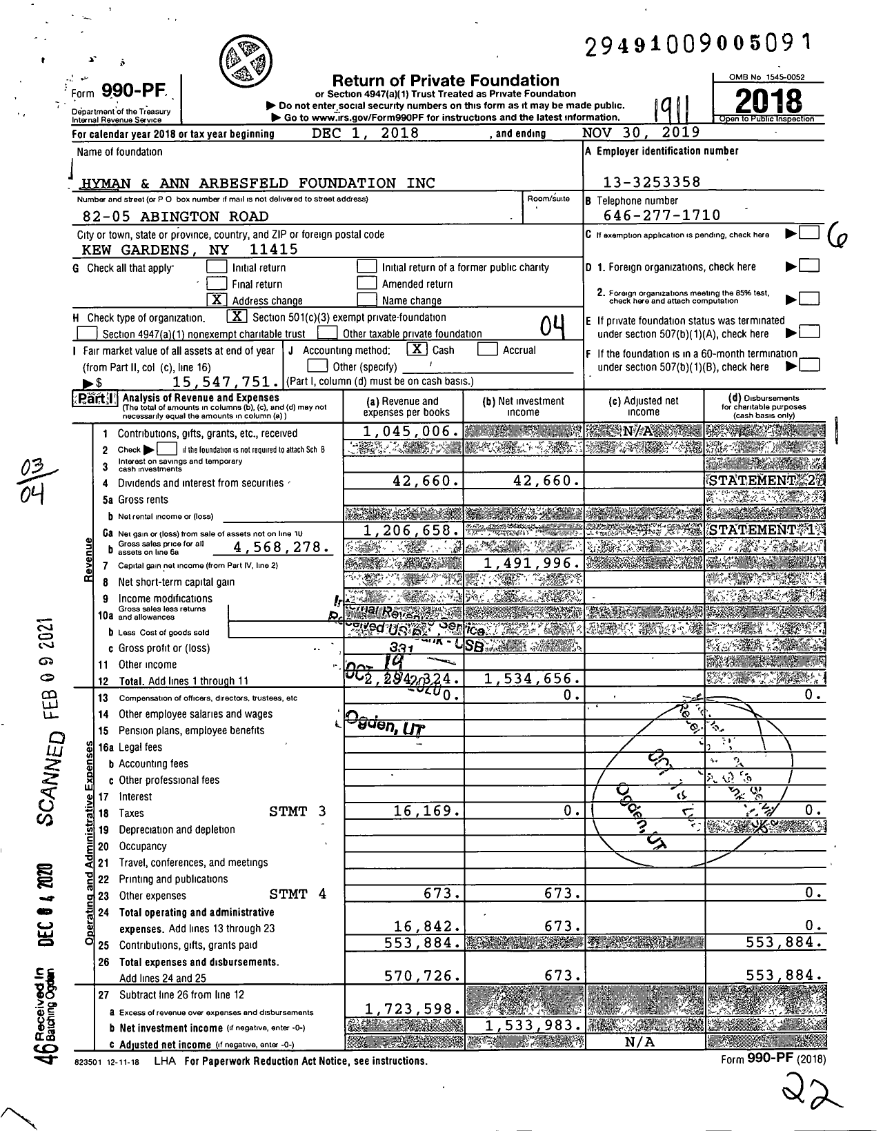 Image of first page of 2018 Form 990PF for Hyman and Ann Arbesfeld Foundation