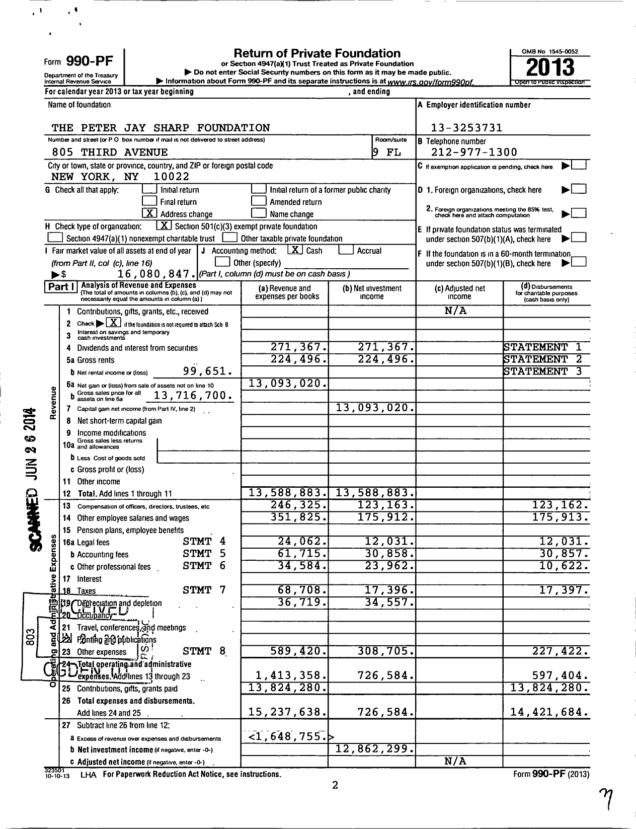 Image of first page of 2013 Form 990PF for Peter Jay Sharp Foundation