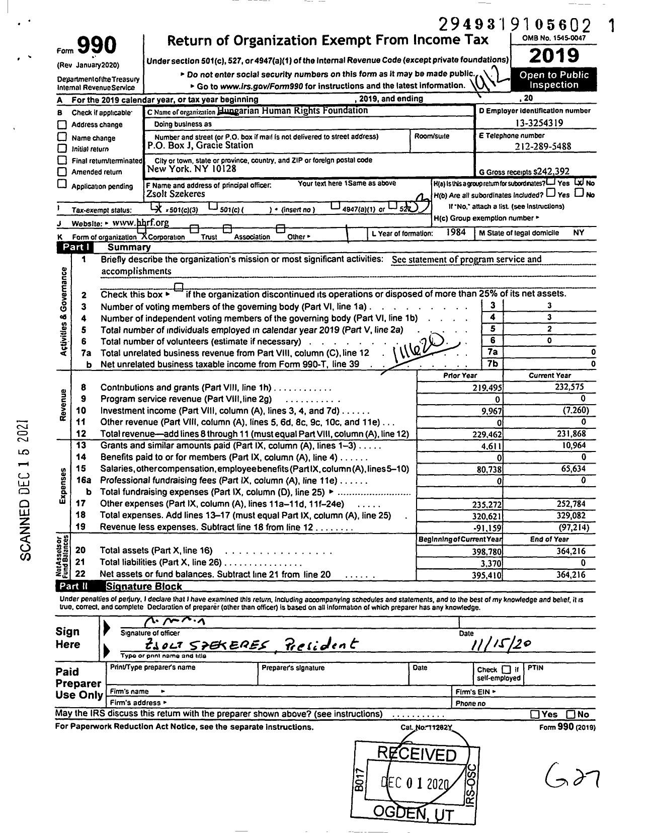 Image of first page of 2019 Form 990 for Hungarian Human Rights Foundation