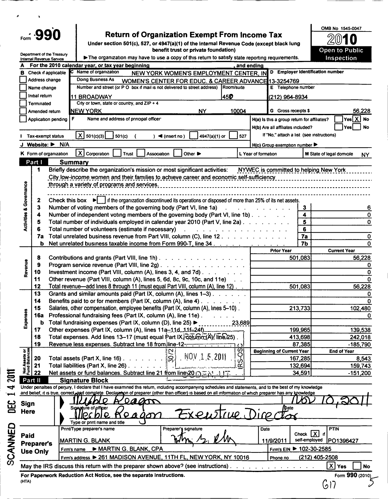 Image of first page of 2010 Form 990 for New York Womens Employment Center