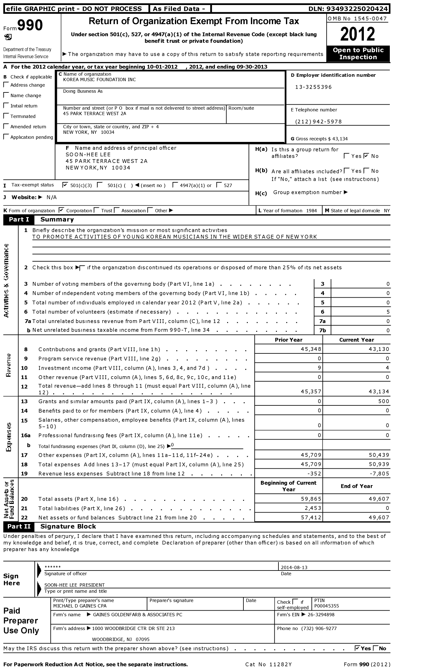 Image of first page of 2012 Form 990 for Korea Music Foundation