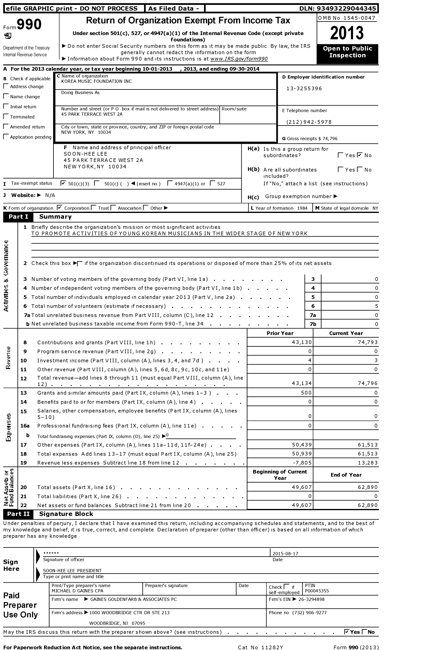 Image of first page of 2013 Form 990 for Korea Music Foundation