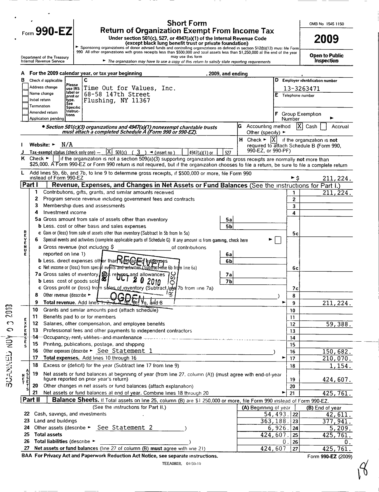 Image of first page of 2009 Form 990EZ for Time Out for Values