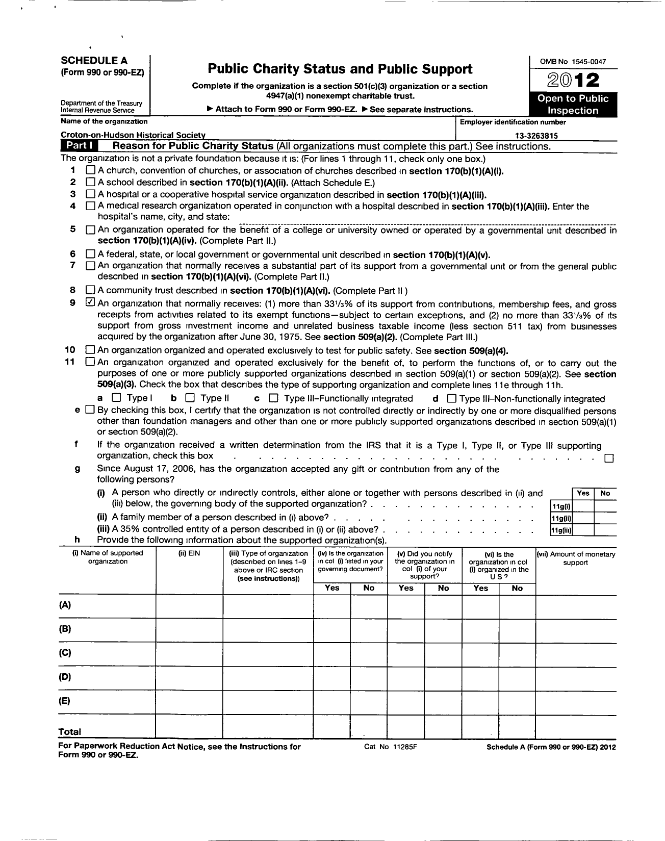 Image of first page of 2012 Form 990ER for Croton Historical Society