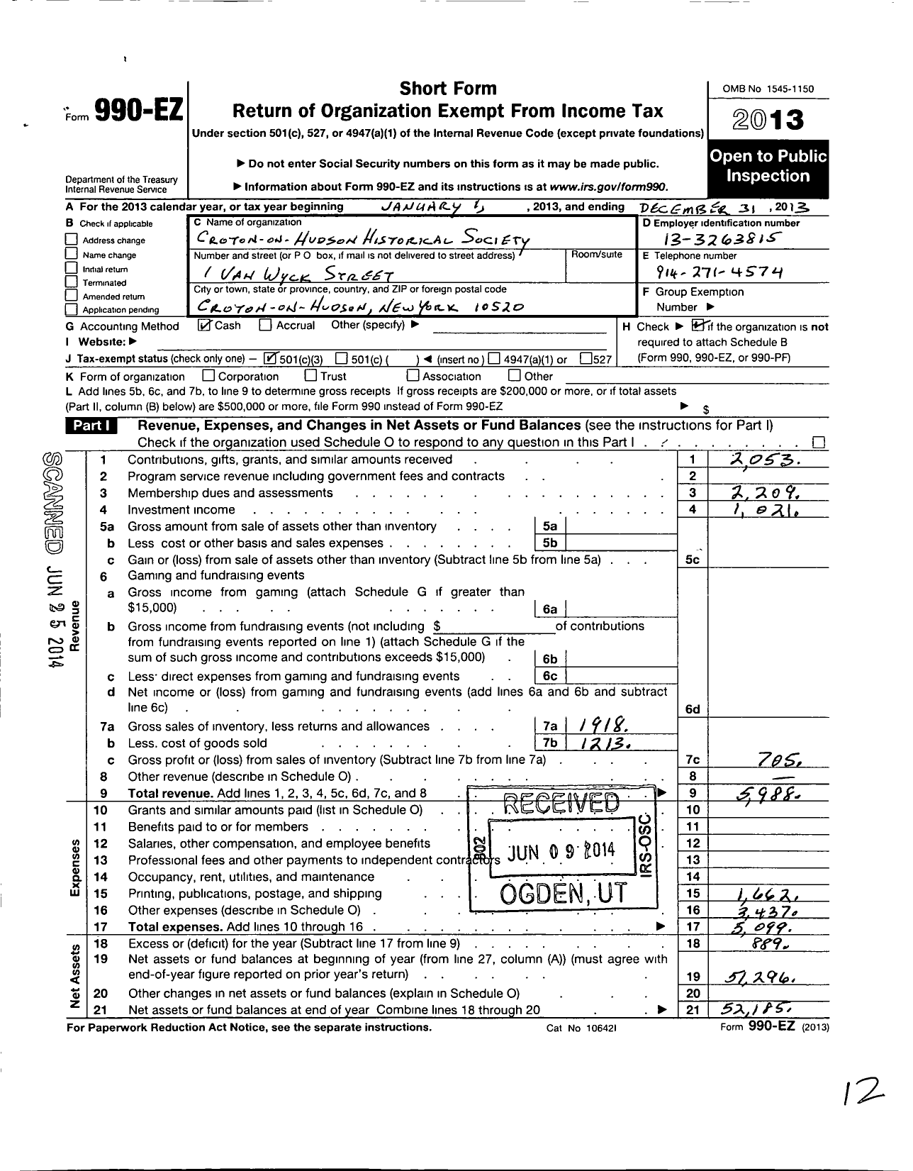 Image of first page of 2013 Form 990EZ for Croton Historical Society