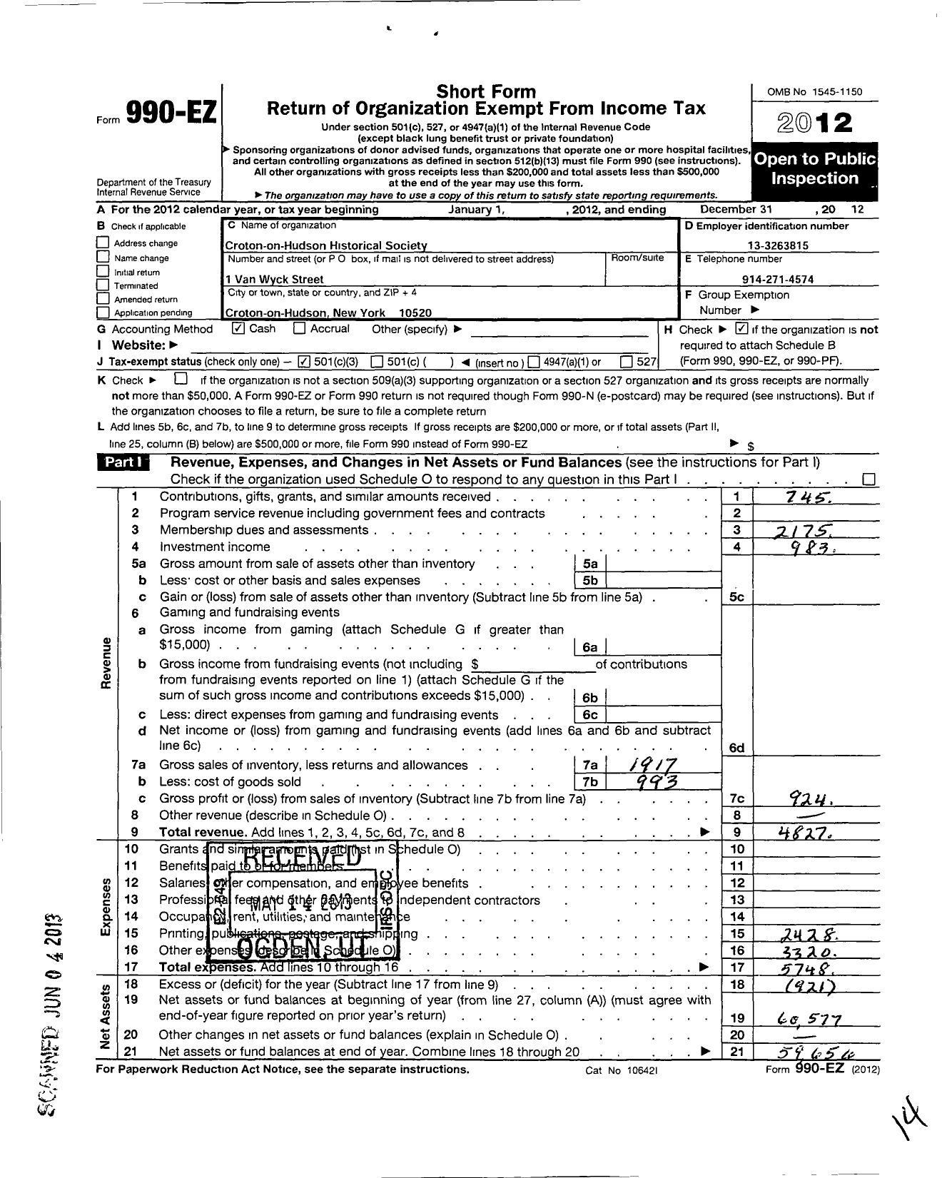 Image of first page of 2012 Form 990EZ for Croton Historical Society