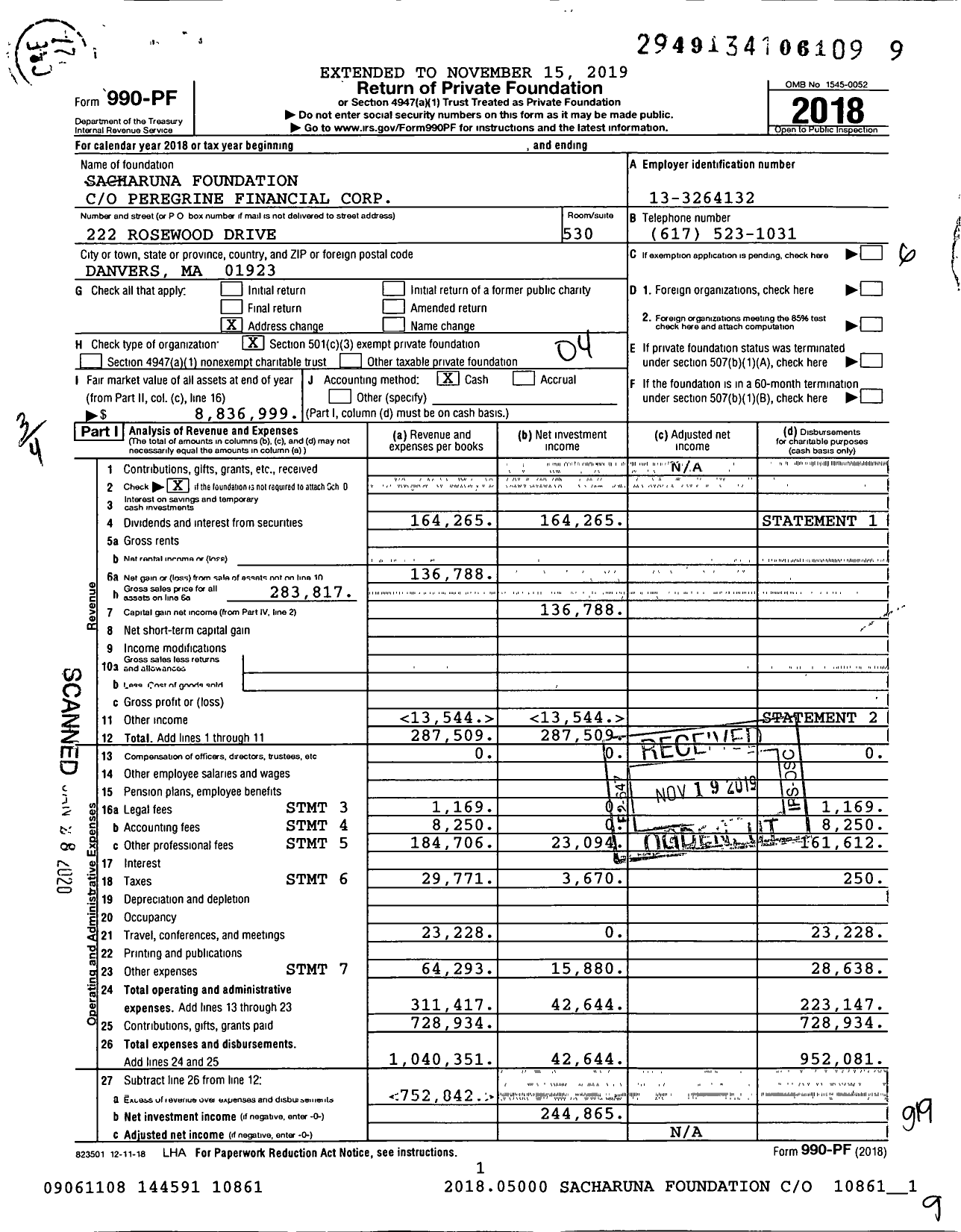 Image of first page of 2018 Form 990PF for Sacharuna Foundation