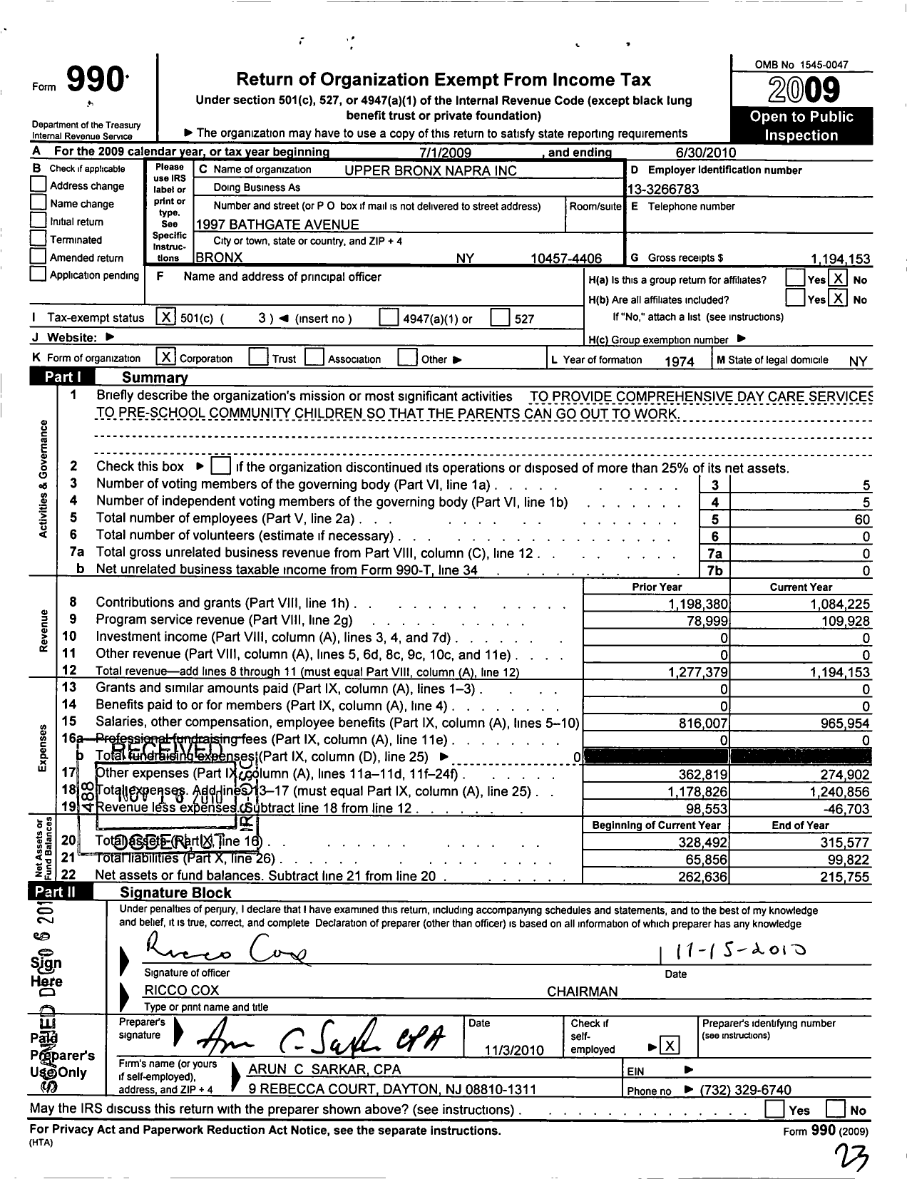 Image of first page of 2009 Form 990 for Upper Bronx Neighborhood Association for Puerto Rican Affairs