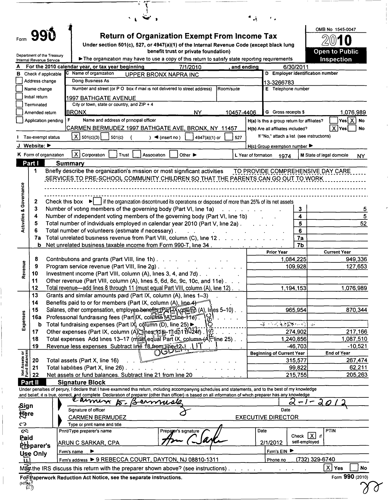 Image of first page of 2010 Form 990 for Upper Bronx Neighborhood Association for Puerto Rican Affairs