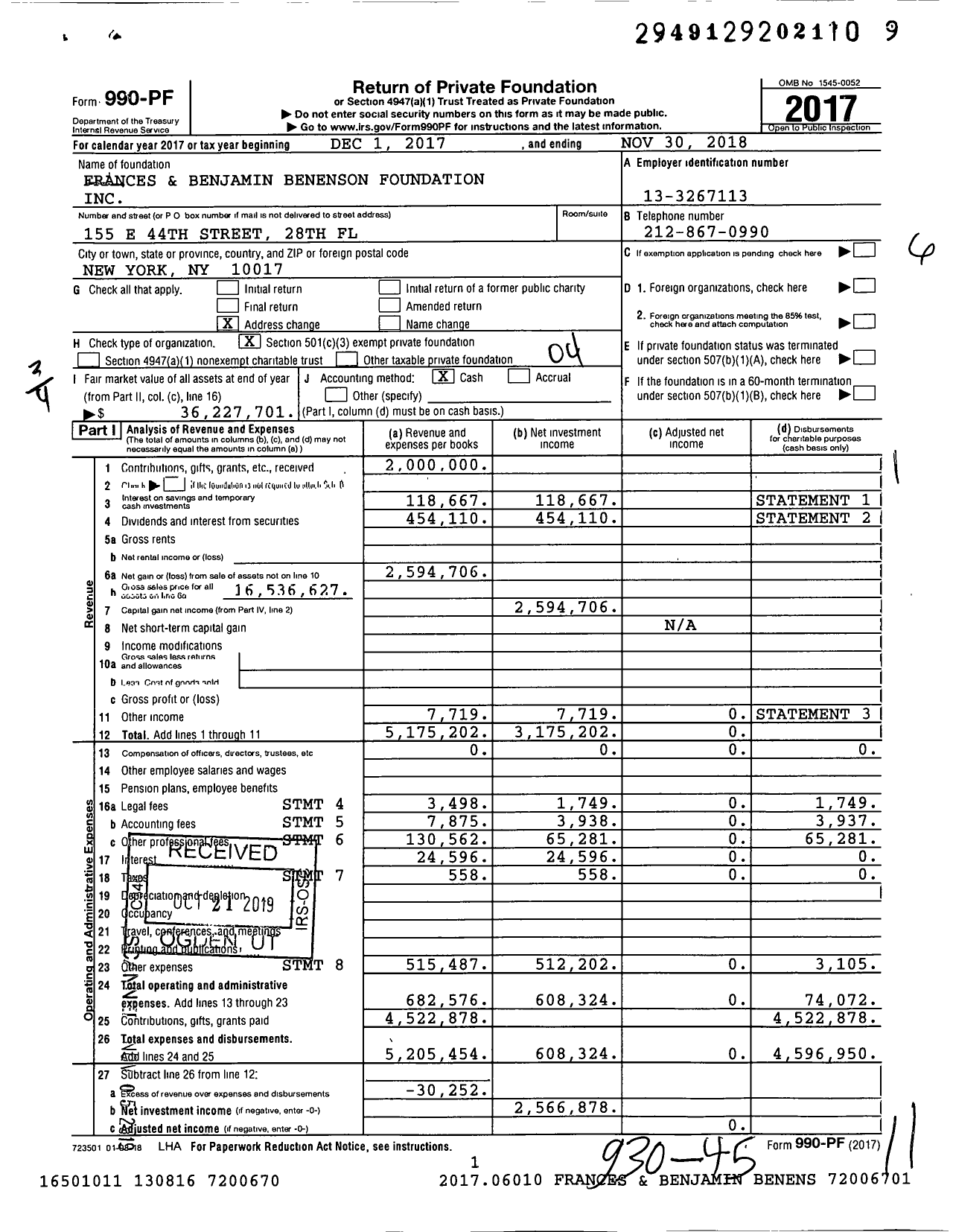 Image of first page of 2017 Form 990PF for Frances and Benjamin Benenson Foundation