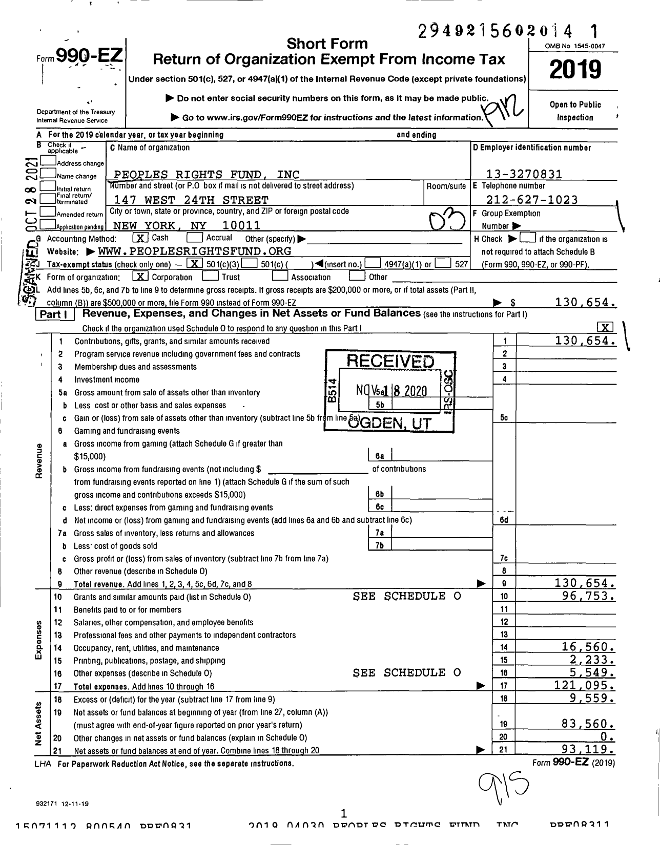 Image of first page of 2019 Form 990EZ for Peoples Rights Fund