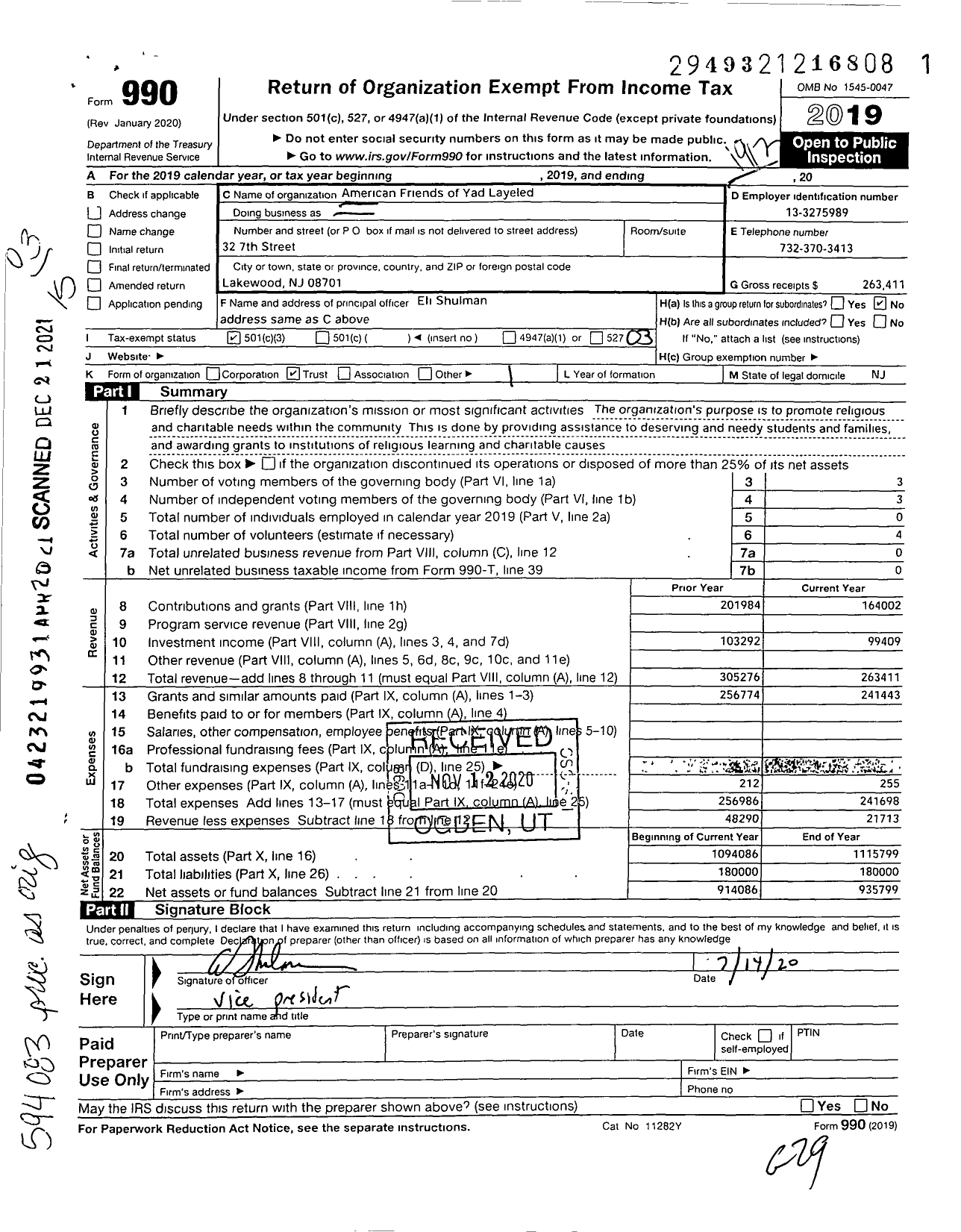 Image of first page of 2019 Form 990 for American Friends of Yad Layeled