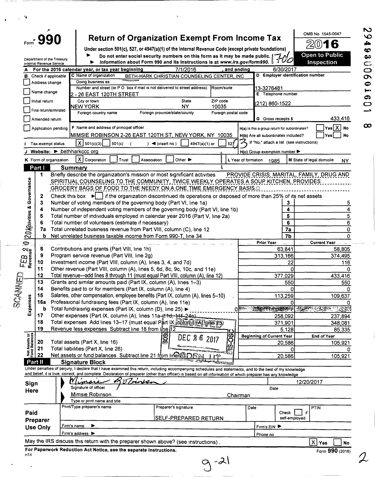 Image of first page of 2016 Form 990 for Beth-Hark Christian Counseling Center