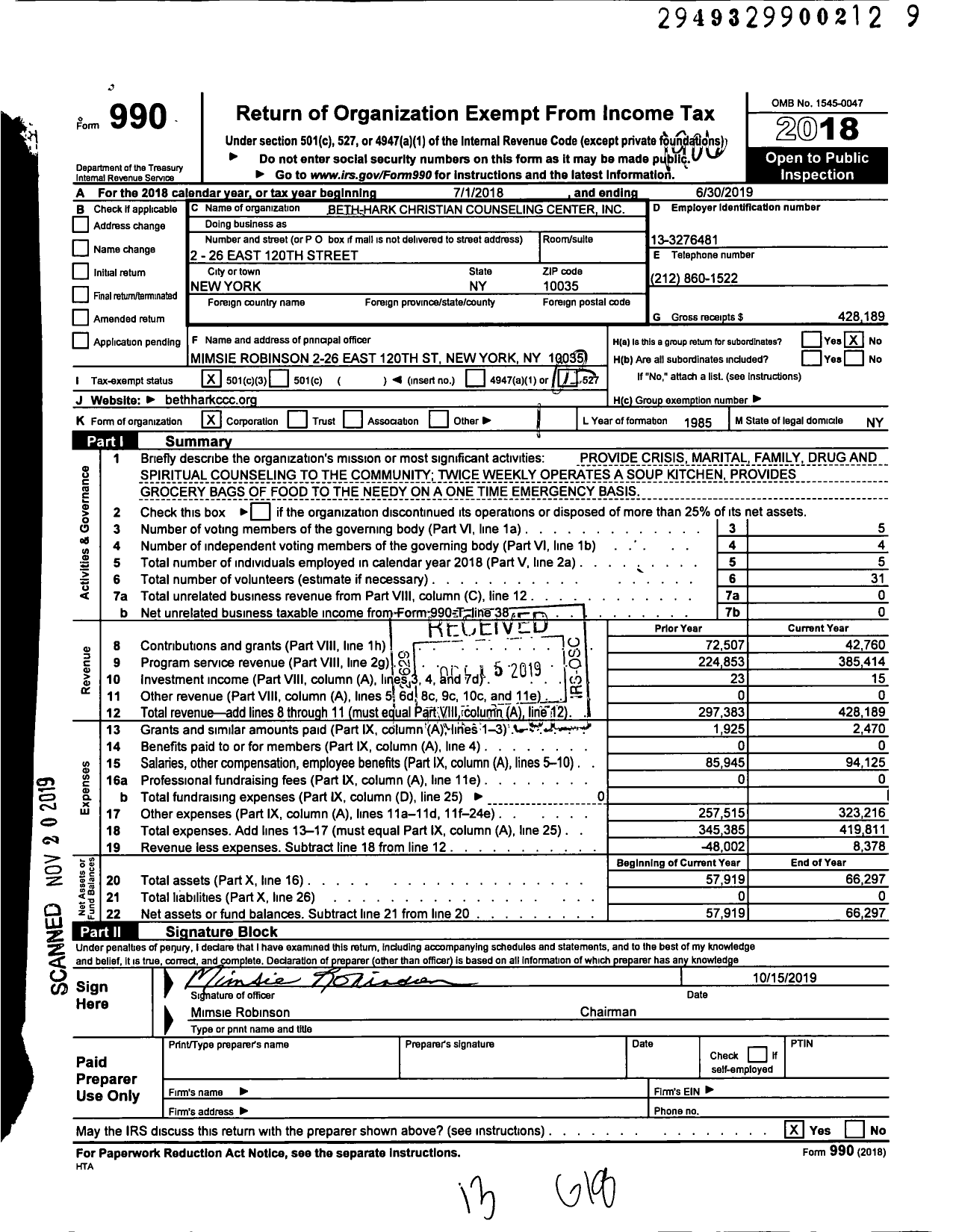 Image of first page of 2018 Form 990 for Beth-Hark Christian Counseling Center