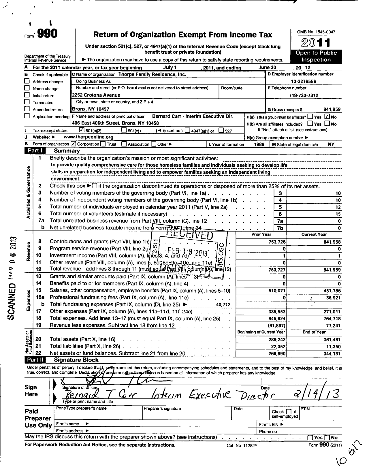 Image of first page of 2011 Form 990 for Thorpe Family Residence