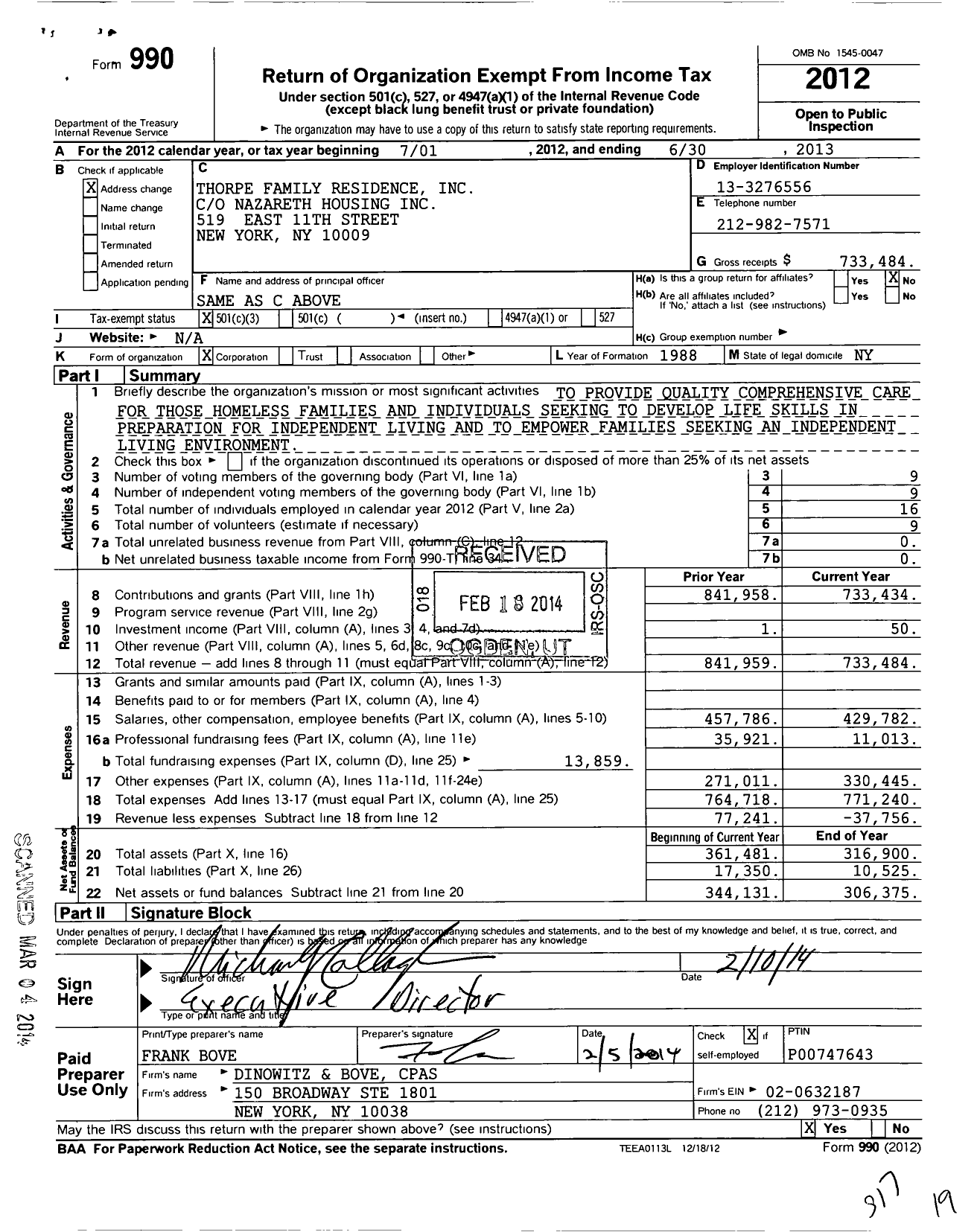 Image of first page of 2012 Form 990 for Thorpe Family Residence