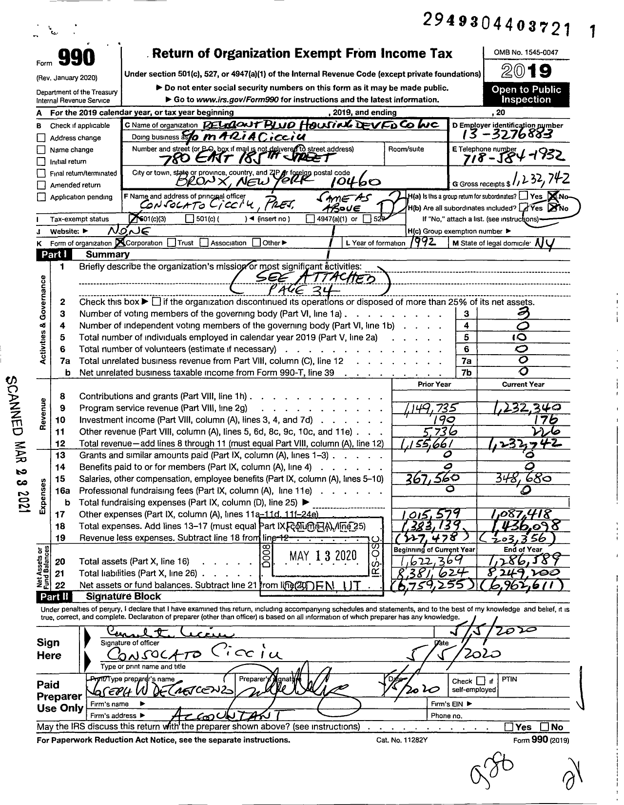 Image of first page of 2019 Form 990 for Belmont Boulevard Housing Development Fund Company