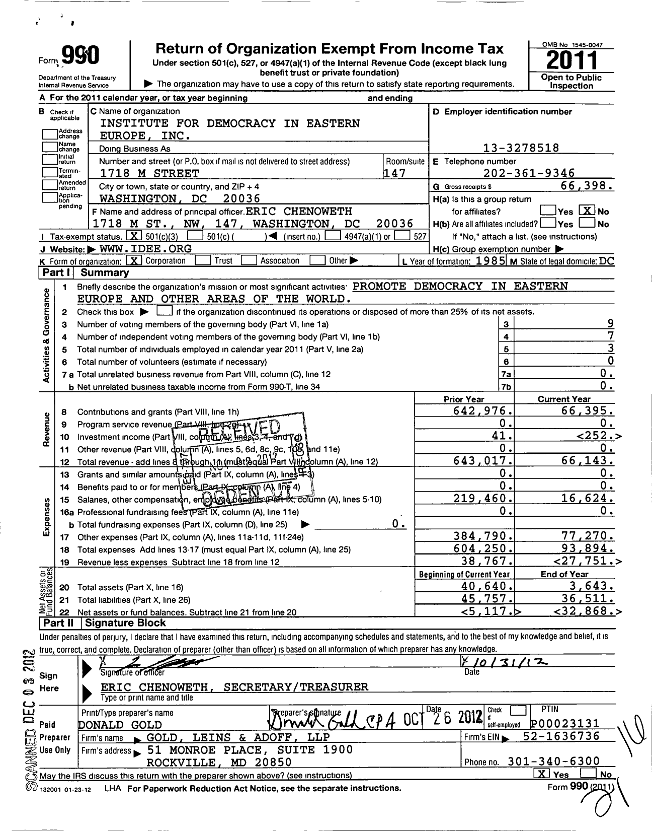 Image of first page of 2011 Form 990 for Institute for Democracy in Eastern Europe