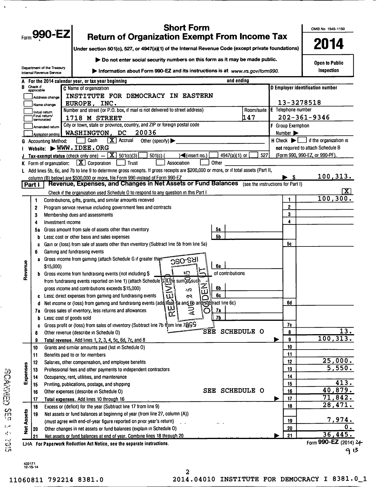 Image of first page of 2014 Form 990EZ for Institute for Democracy in Eastern Europe