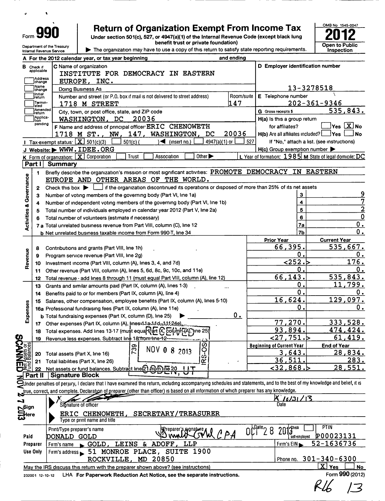 Image of first page of 2012 Form 990 for Institute for Democracy in Eastern Europe