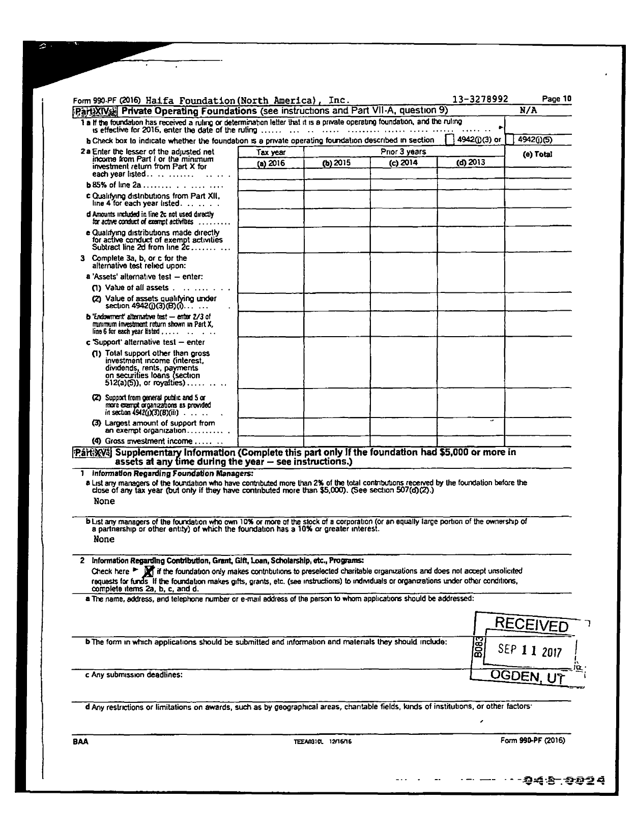 Image of first page of 2016 Form 990PR for Haifa Foundation North America