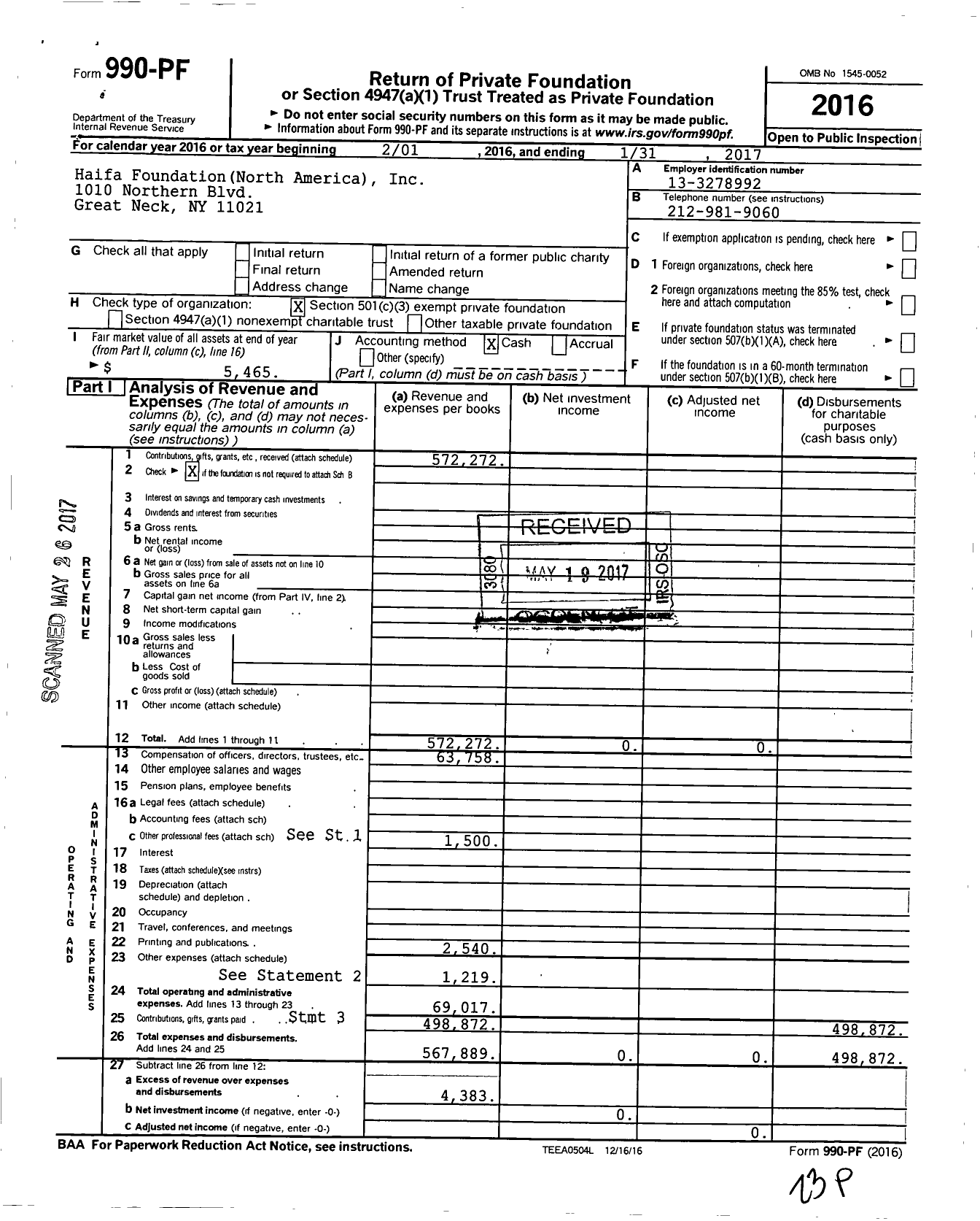 Image of first page of 2016 Form 990PF for Haifa Foundation North America