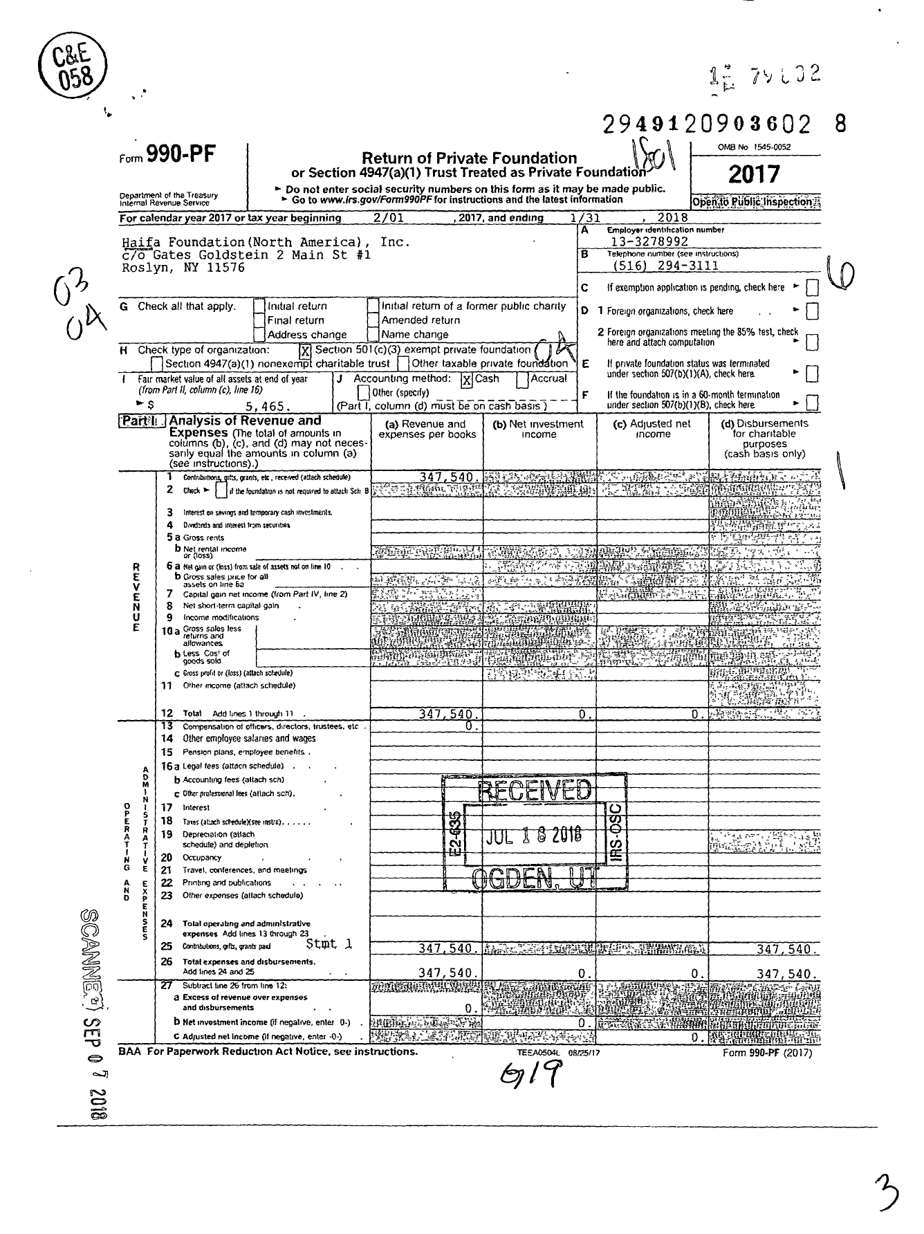 Image of first page of 2017 Form 990PF for Haifa Foundation North America