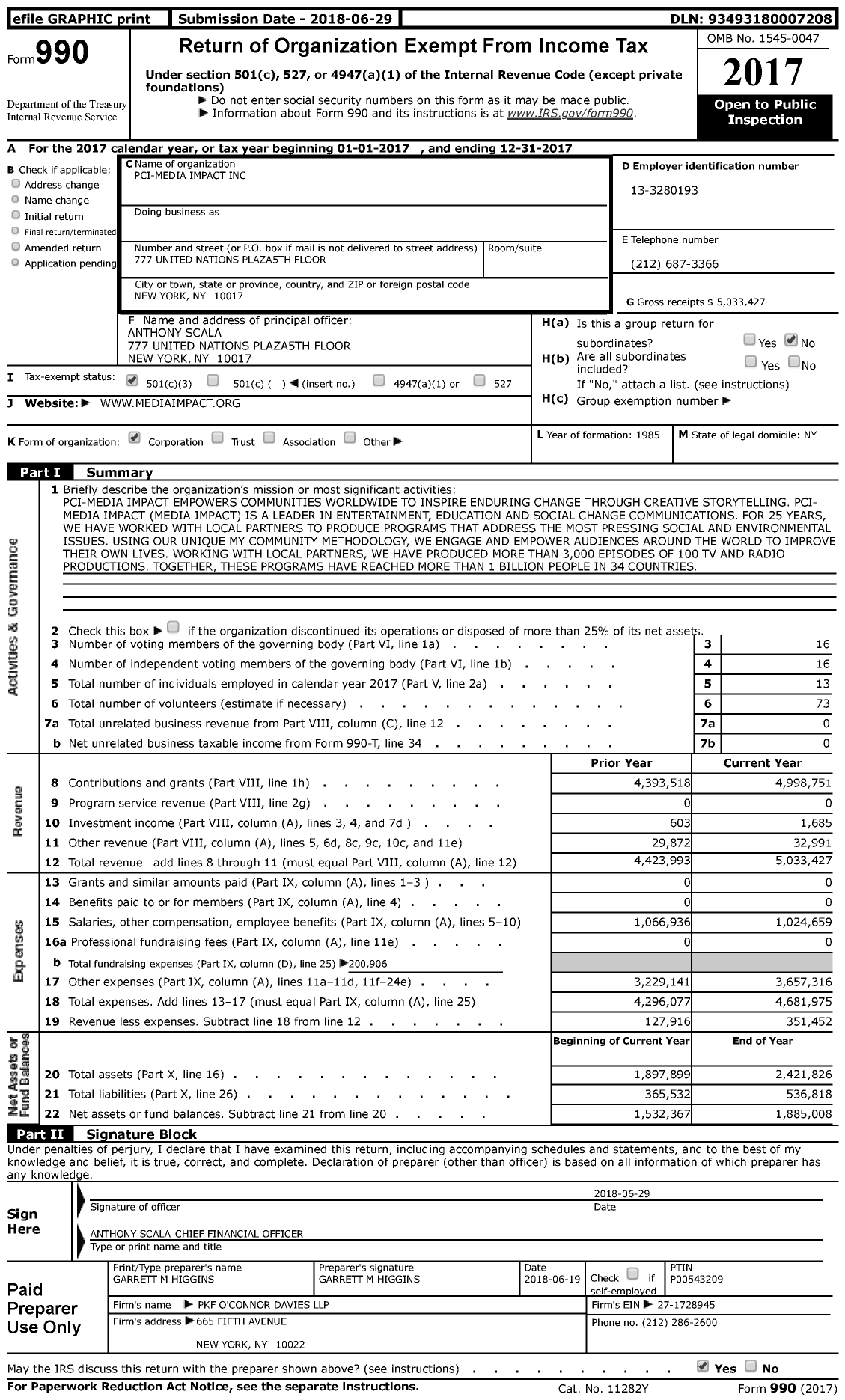 Image of first page of 2017 Form 990 for PCI Media Impact