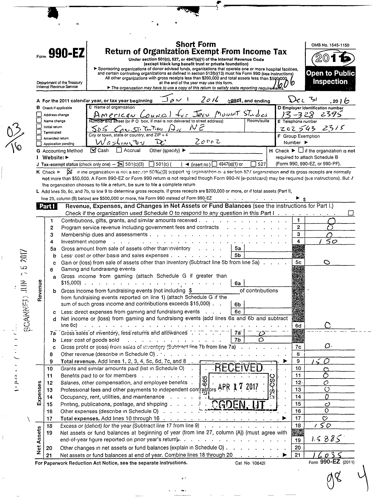 Image of first page of 2016 Form 990EZ for American Council for Jean Monnet Studies