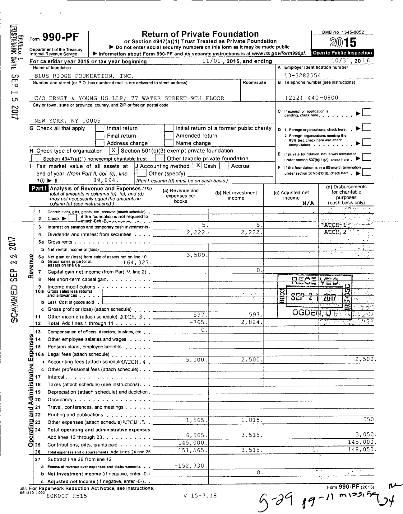 Image of first page of 2015 Form 990PF for Blue Ridge Foundation
