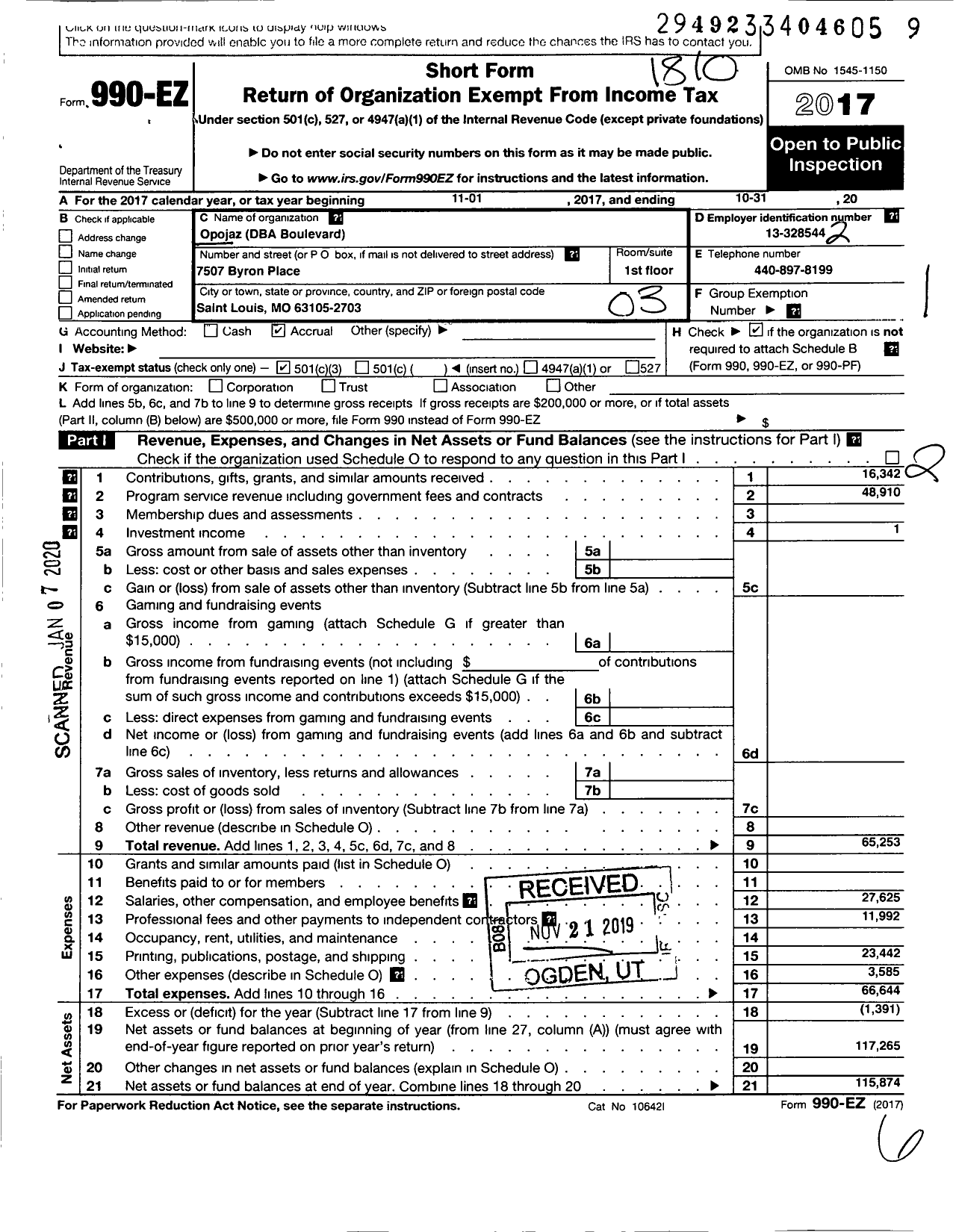 Image of first page of 2017 Form 990EZ for Opojaz