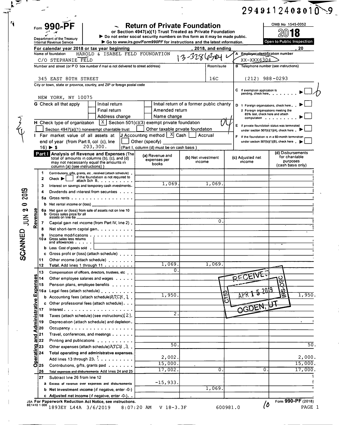 Image of first page of 2018 Form 990PF for Harold and Isabel Feld Foundation