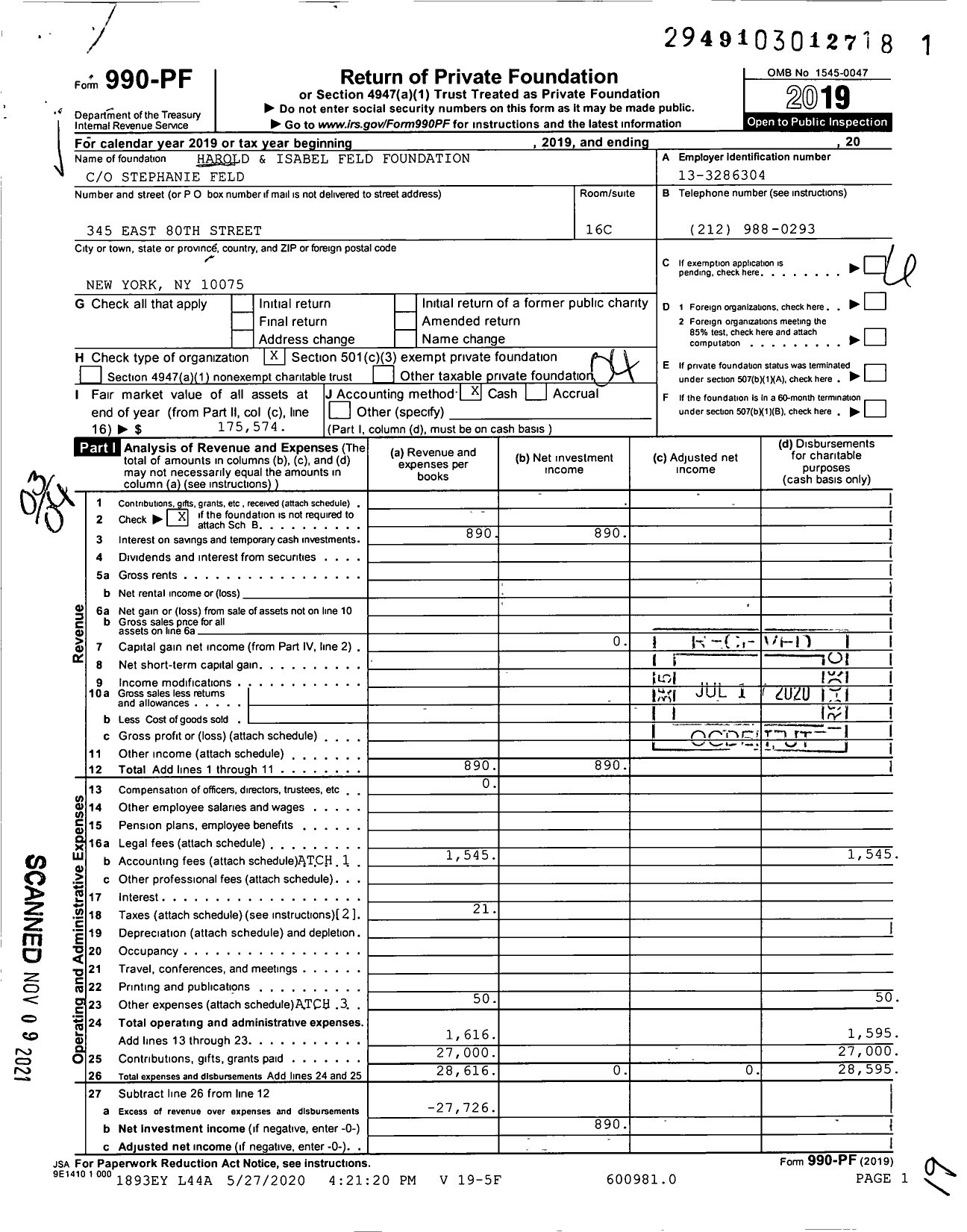 Image of first page of 2019 Form 990PF for Harold and Isabel Feld Foundation