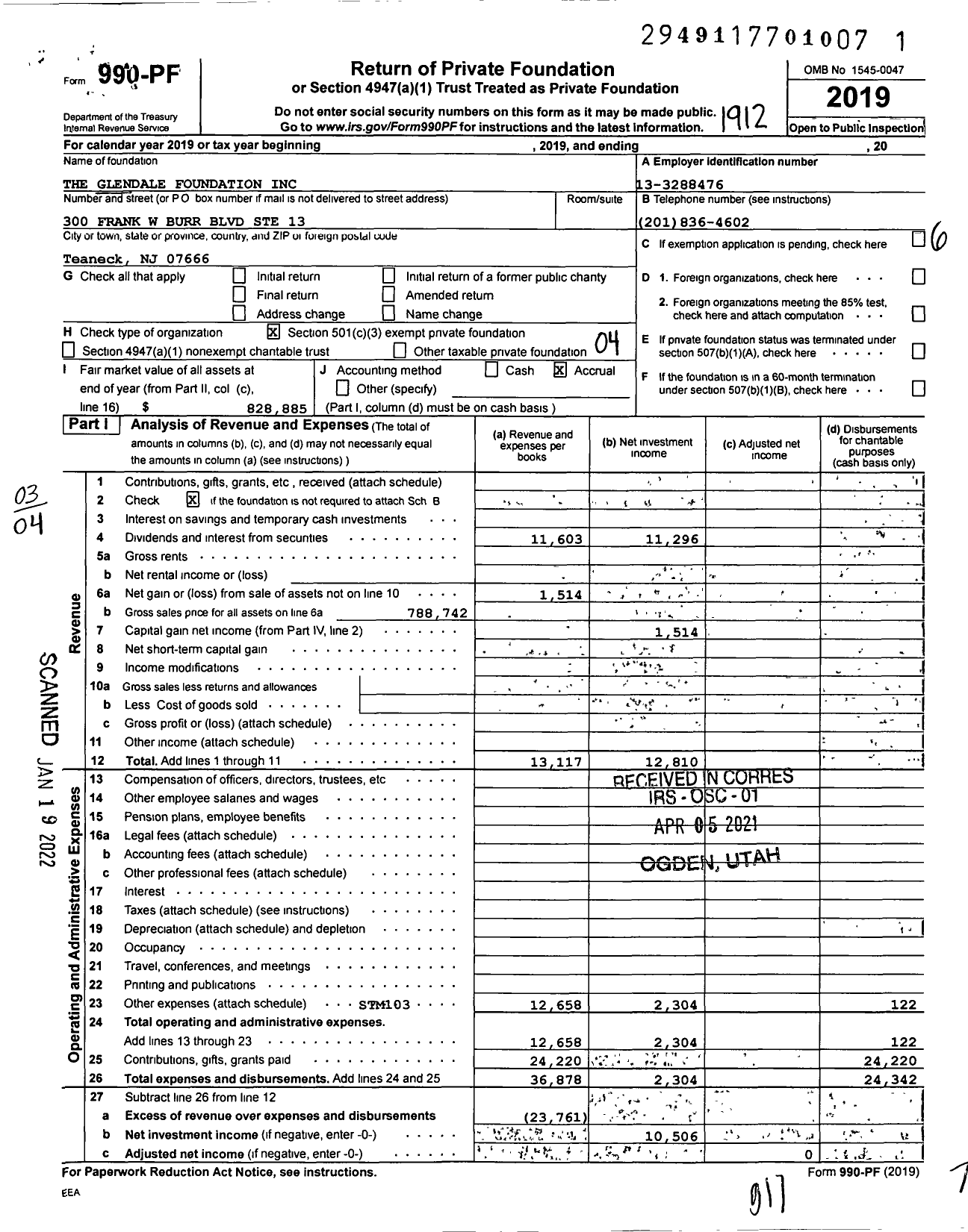 Image of first page of 2019 Form 990PF for Glendale Foundation