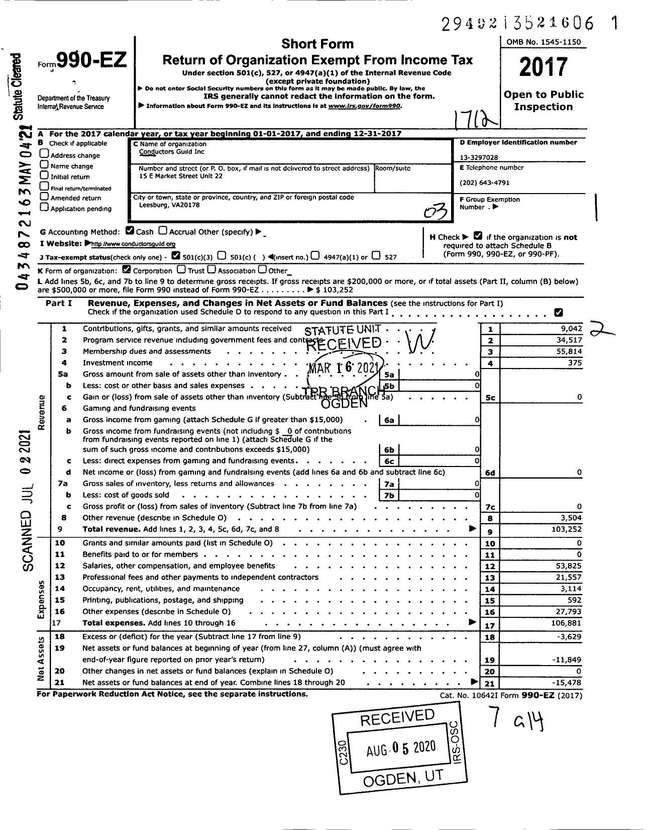 Image of first page of 2017 Form 990EZ for International Conductors Guild