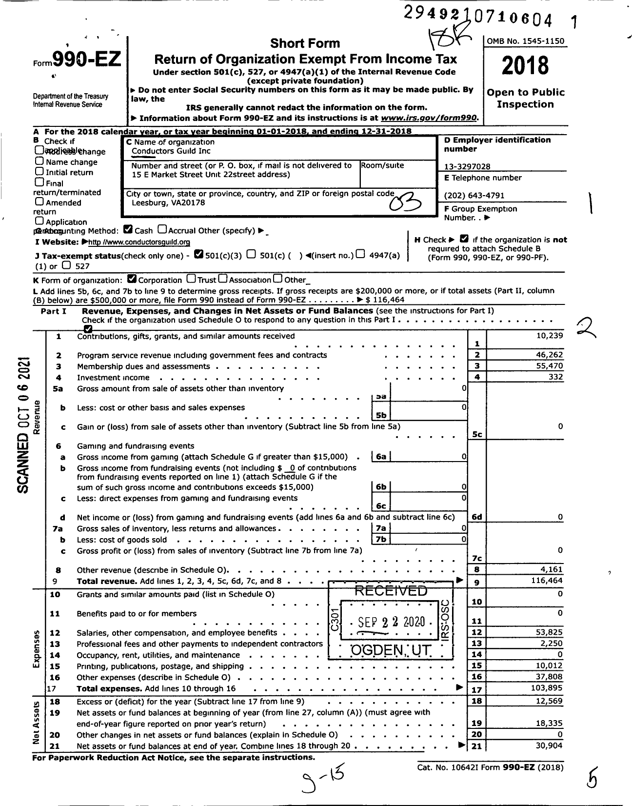 Image of first page of 2018 Form 990EZ for International Conductors Guild