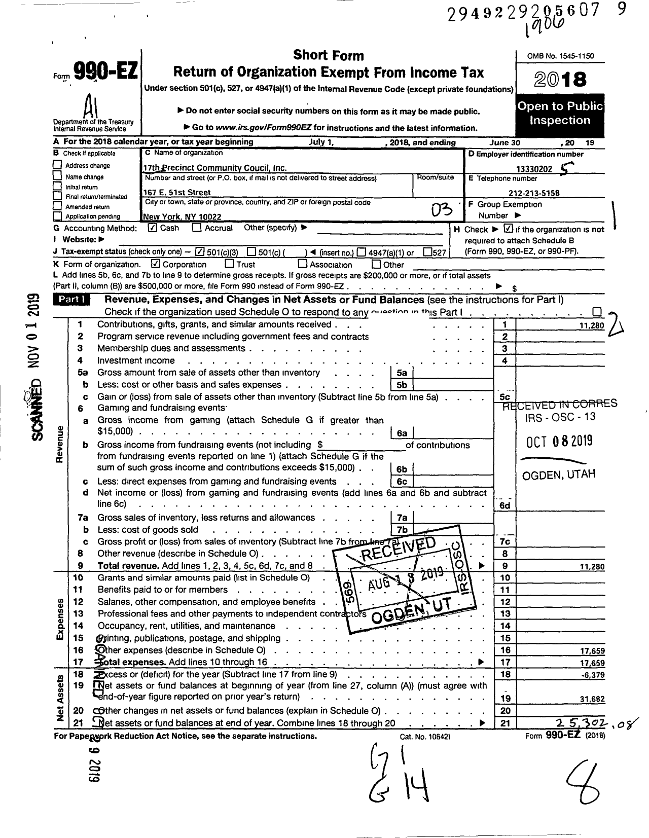 Image of first page of 2018 Form 990EZ for 17th Precient Community Council Incorporated