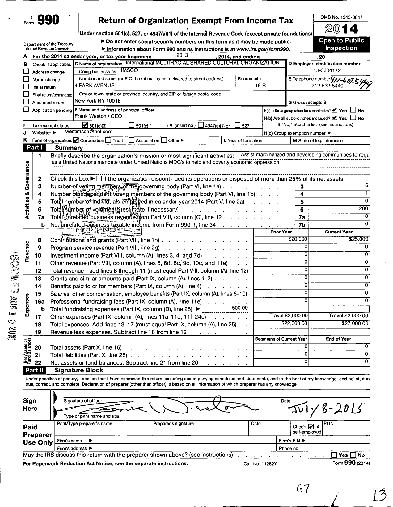 Image of first page of 2014 Form 990 for International Multiracial Shared Cultural Organization